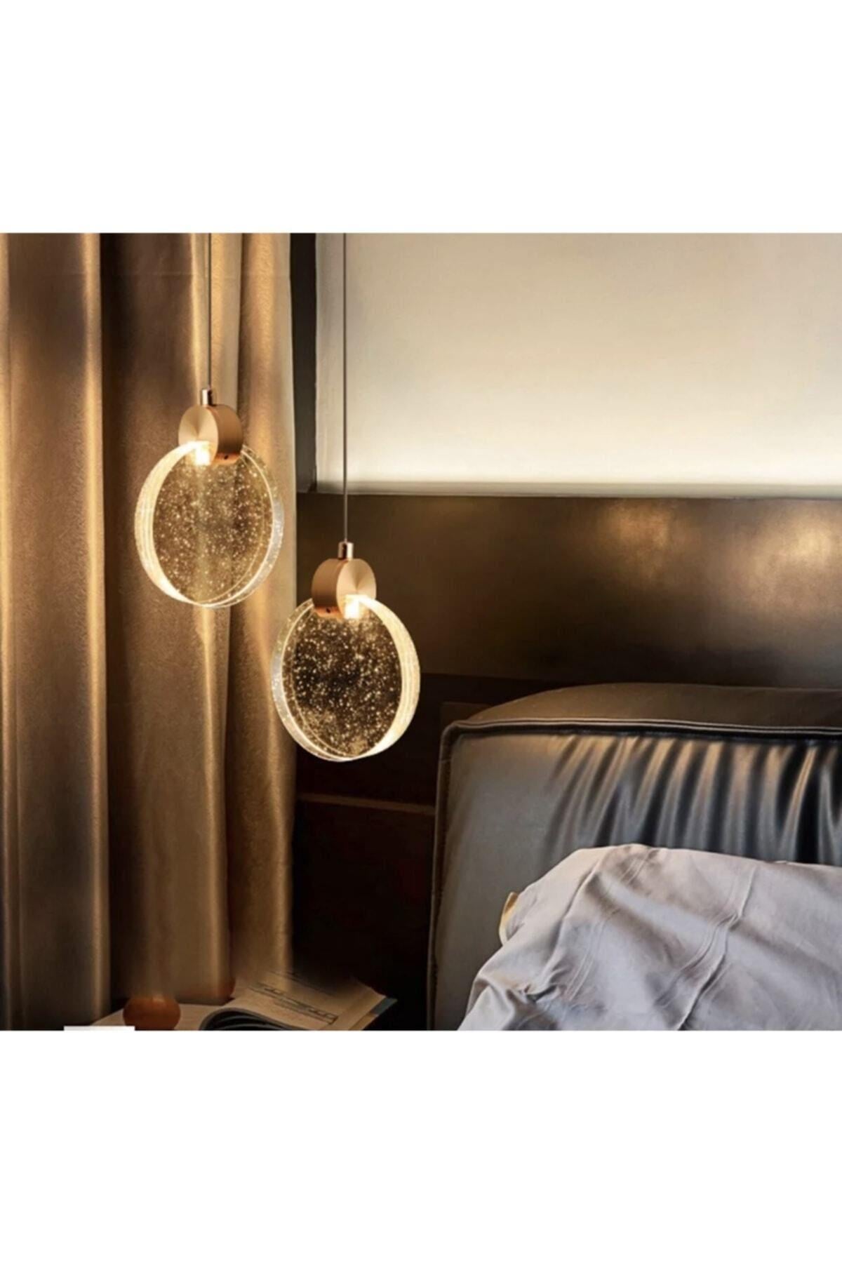 Modern Elegance Luxury Tekli Sarkıt Kristal Camlı Led Avize Gold Sarı Ledli Avize