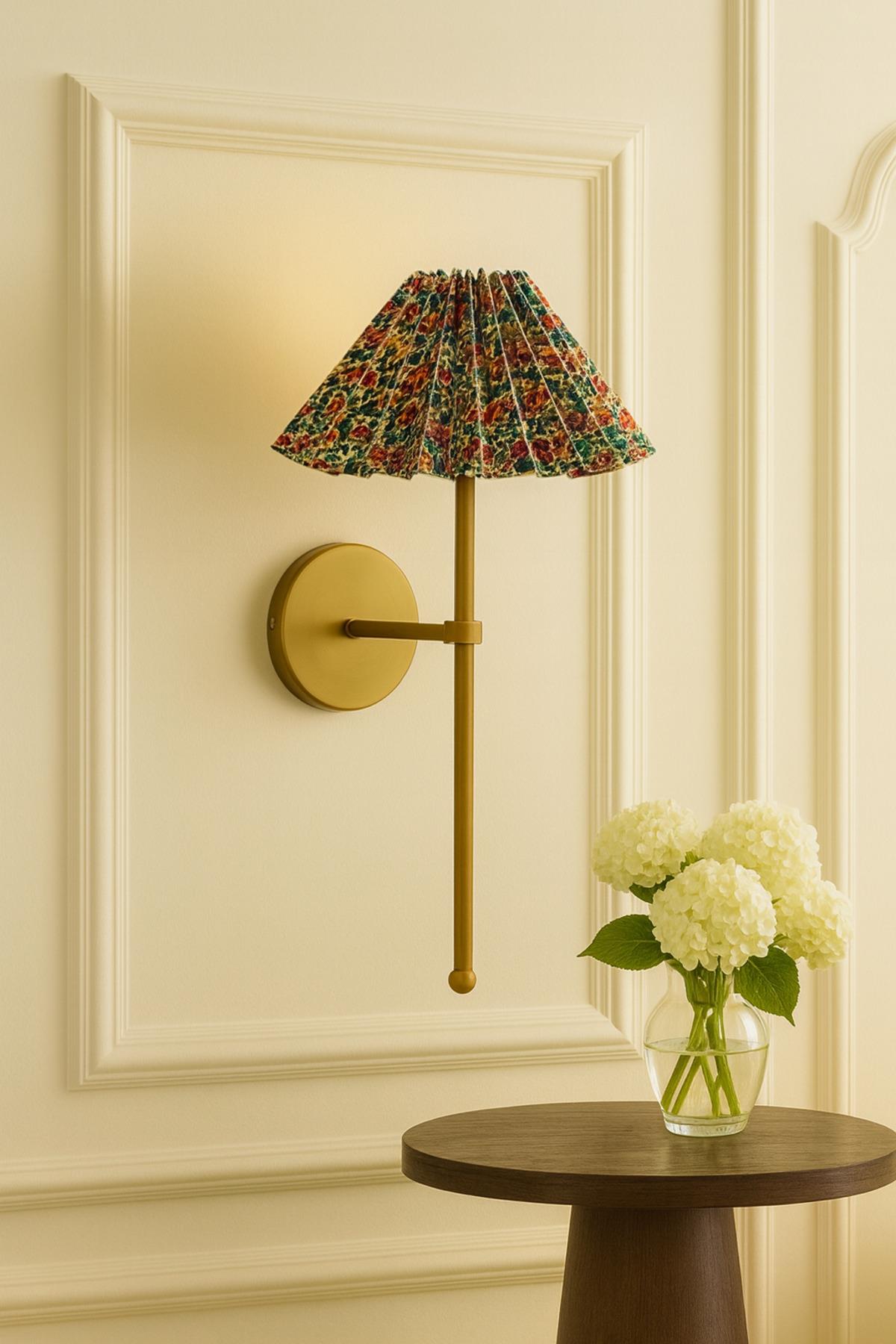 Modern Flower Pileli Umbrella Çiçek Desenli Abajur Pilli Aplik Aç Kapa Butonlu Eskitme Gold Sarı