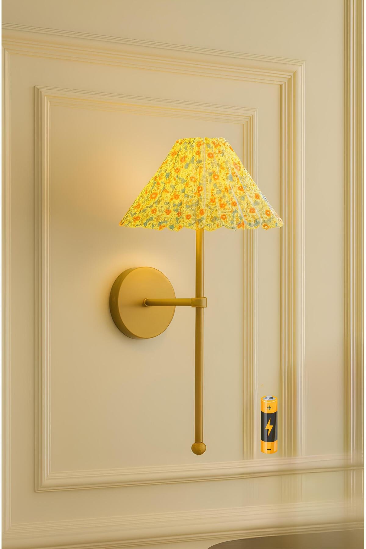 Modern Flower Pileli Umbrella Çiçek Desenli Abajur Pilli Aplik Aç Kapa Butonlu Eskitme Gold Sarı