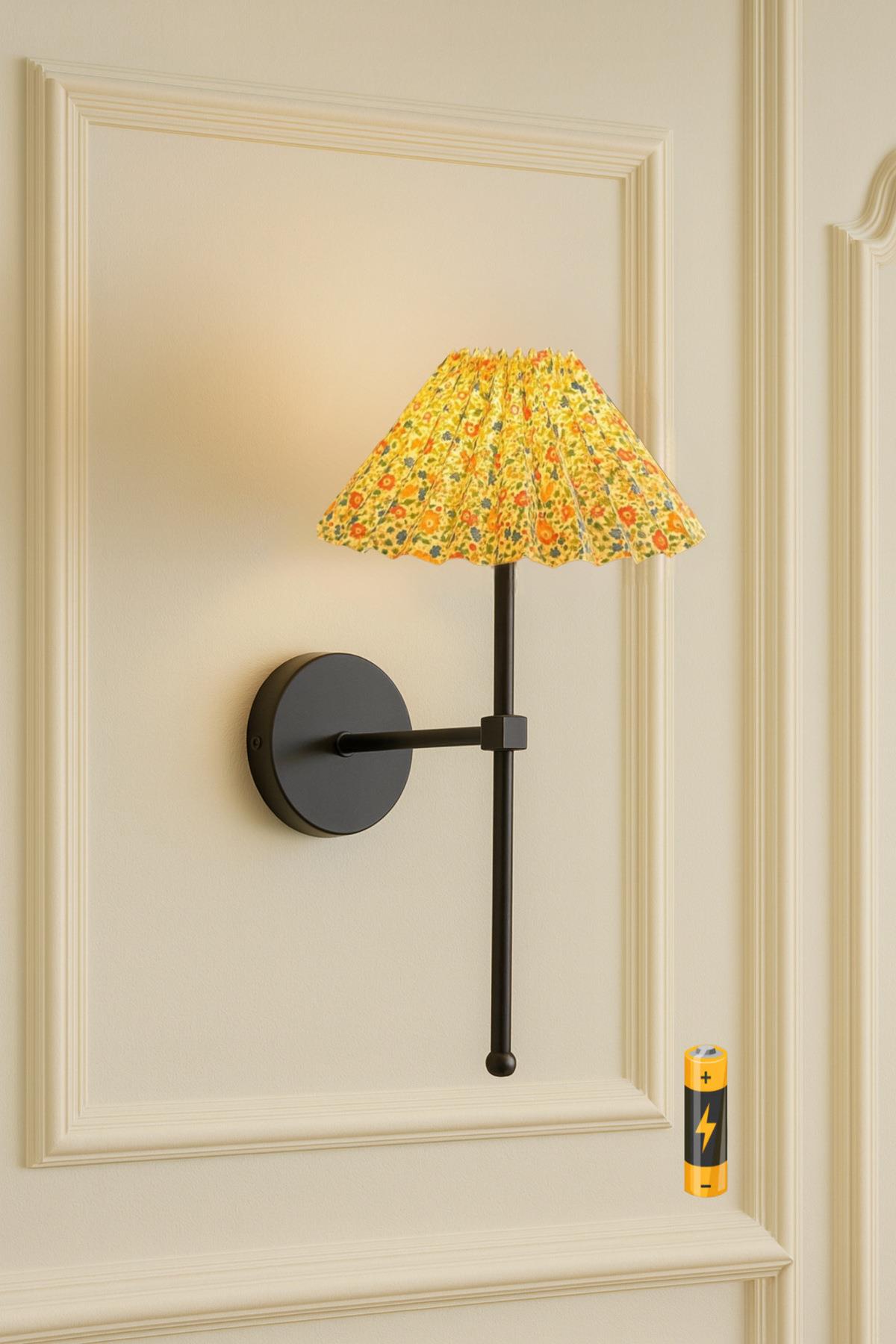Modern Flower Pileli Umbrella Çiçek Desenli Abajur Pilli Aplik Aç Kapa Butonlu Eskitme Gold Sarı
