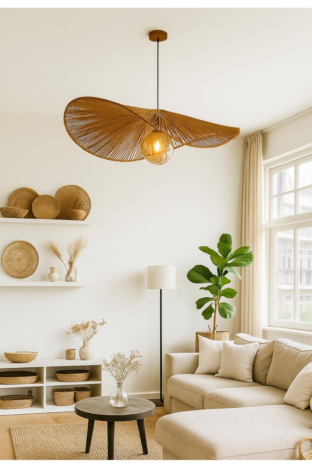 Modern İskandinav Bohem El Yapımı Hasır İp Sarkıt Avize 50 Cm