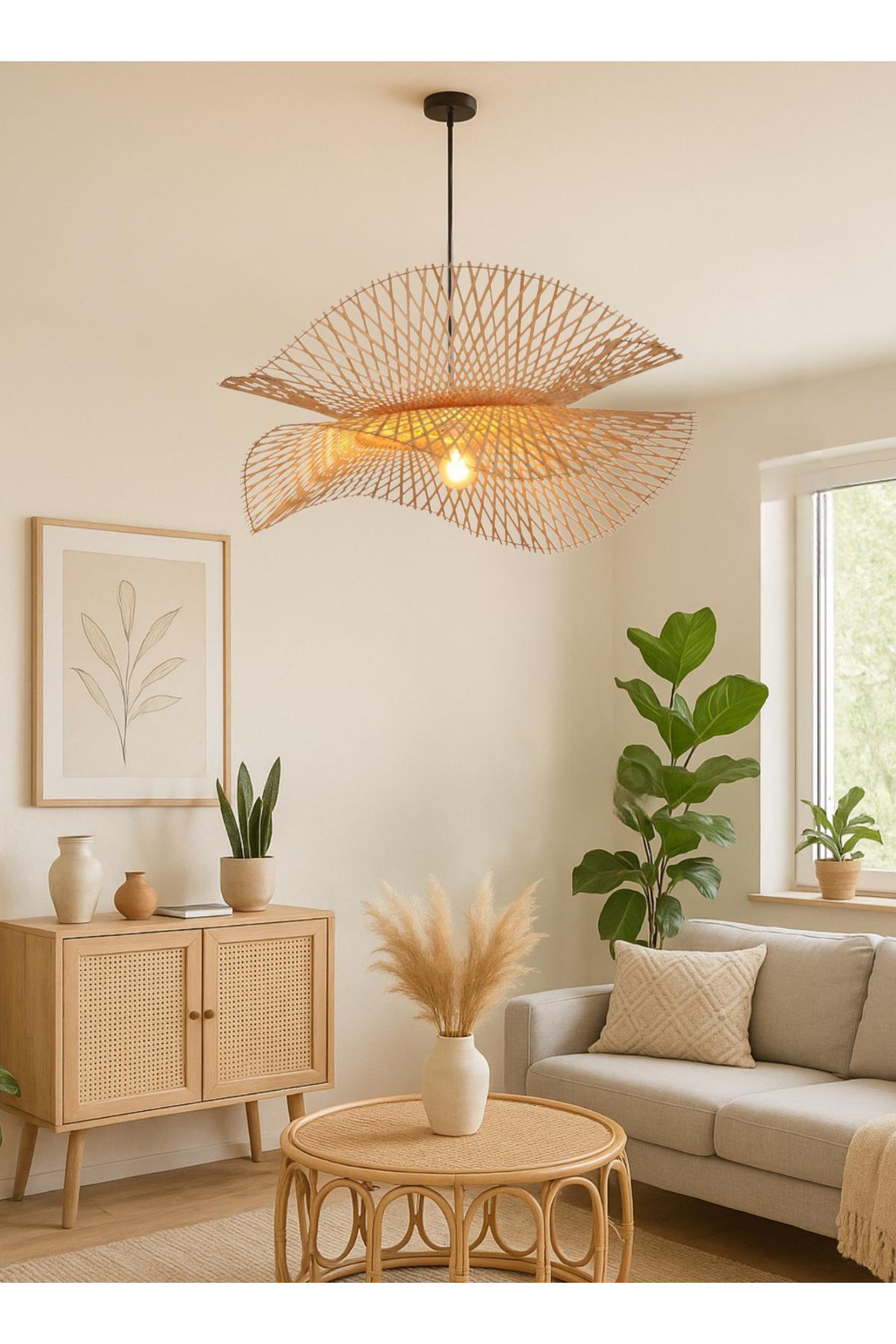 Modern İskandinav El Yapımı Bohem Hasır Sarkıt Rattan Avize