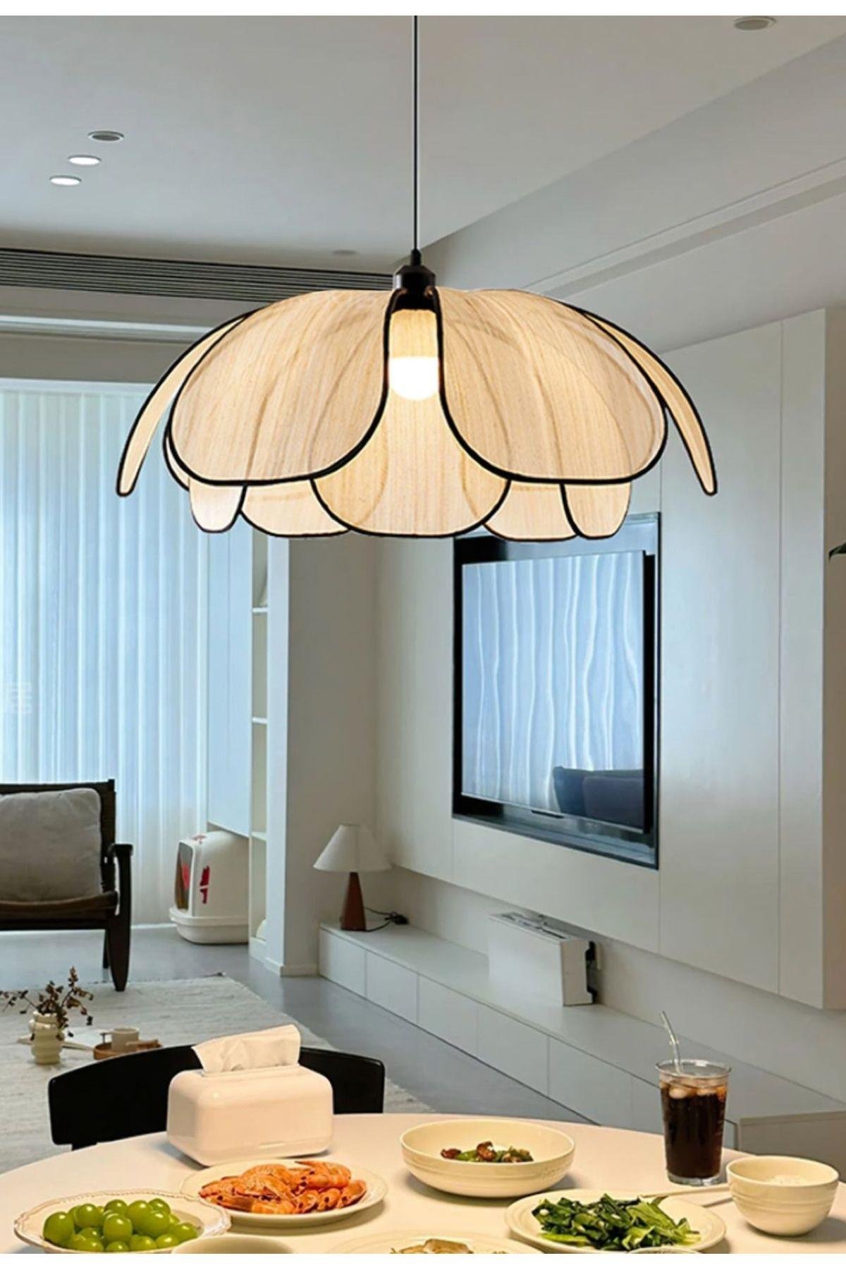 Modern İskandinav Flower Sarkıt Avize Boheme Salon Oturma Odası Mutfak Avizesi Ekru Kumaş