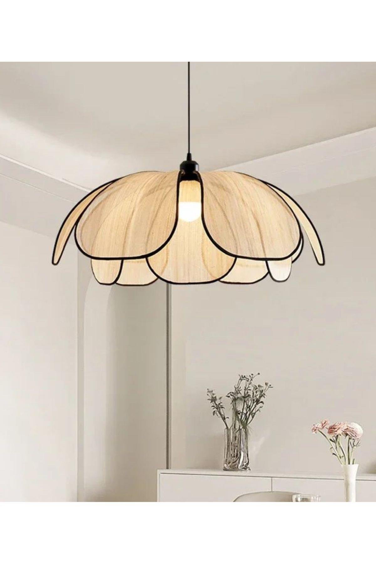 Modern İskandinav Flower Sarkıt Avize Boheme Salon Oturma Odası Mutfak Avizesi Ekru Kumaş