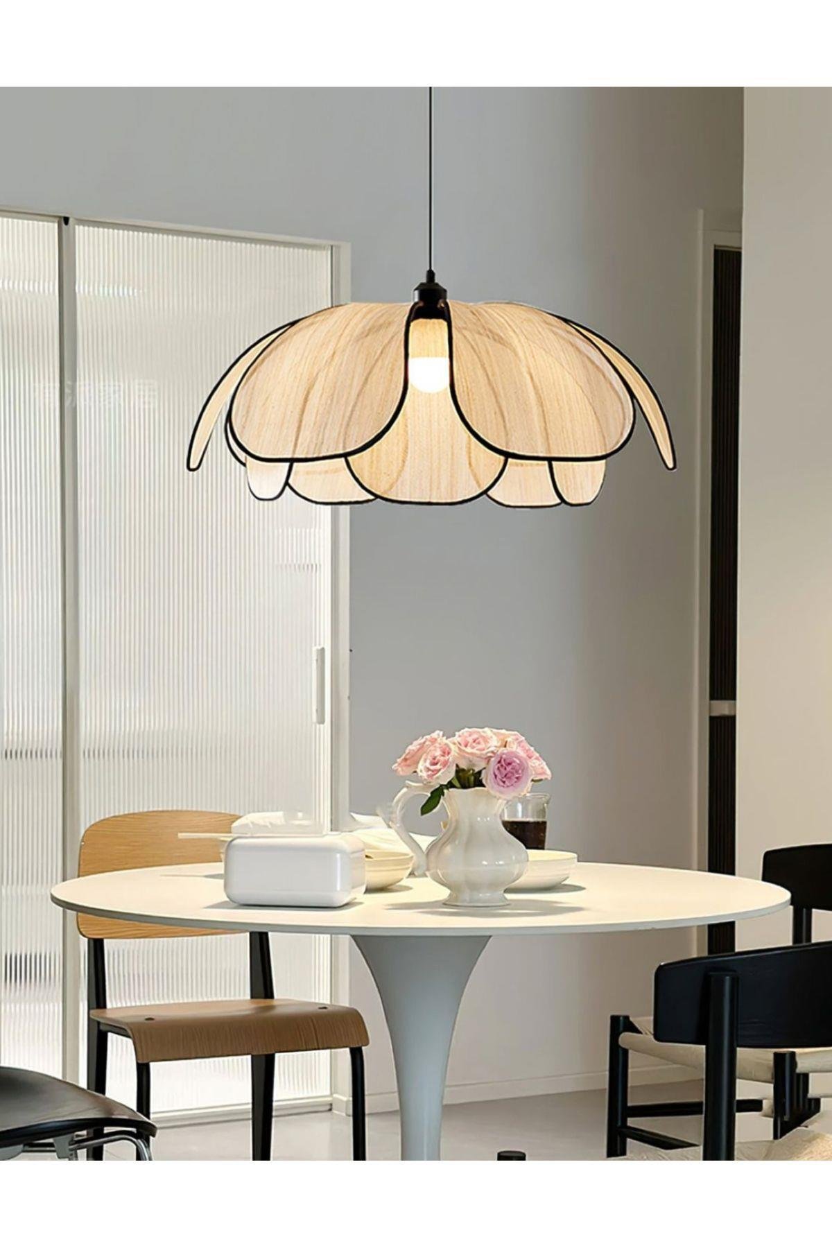 Modern İskandinav Flower Sarkıt Avize Boheme Salon Oturma Odası Mutfak Avizesi Ekru Kumaş