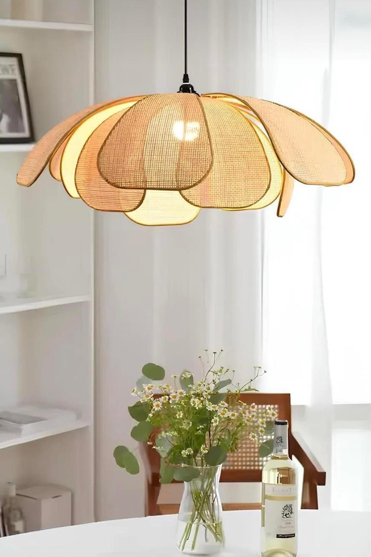 Modern Iskandinav Tasarım Bohem Rose Çiçek Sarkıt Avize Hazeran Hasır Avize Rattan Salon Avizesi