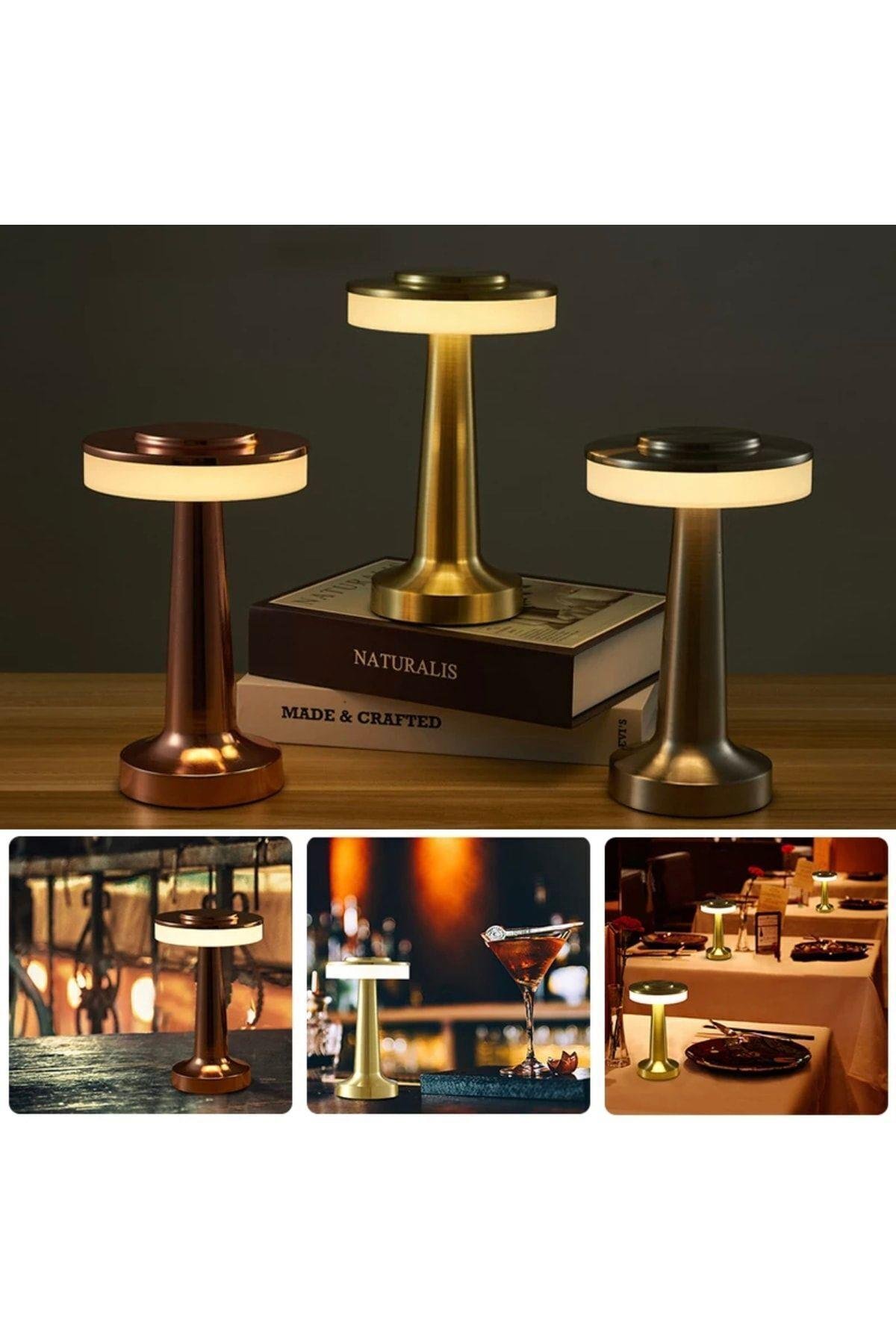 Modern Led Abajur Masa Lambası Dokunmatik 6 Mod Kademeli Şarjlı Bakır Bronz