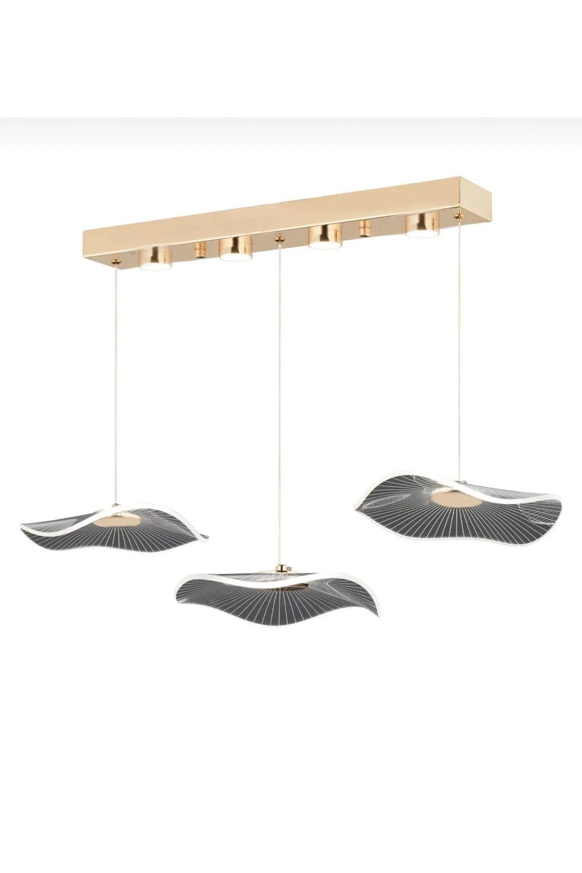 Modern Lotus 3 lü Yemek Masası Sıralı Sarkıt Avize French Gold Sarı Power Led Avize Warm White