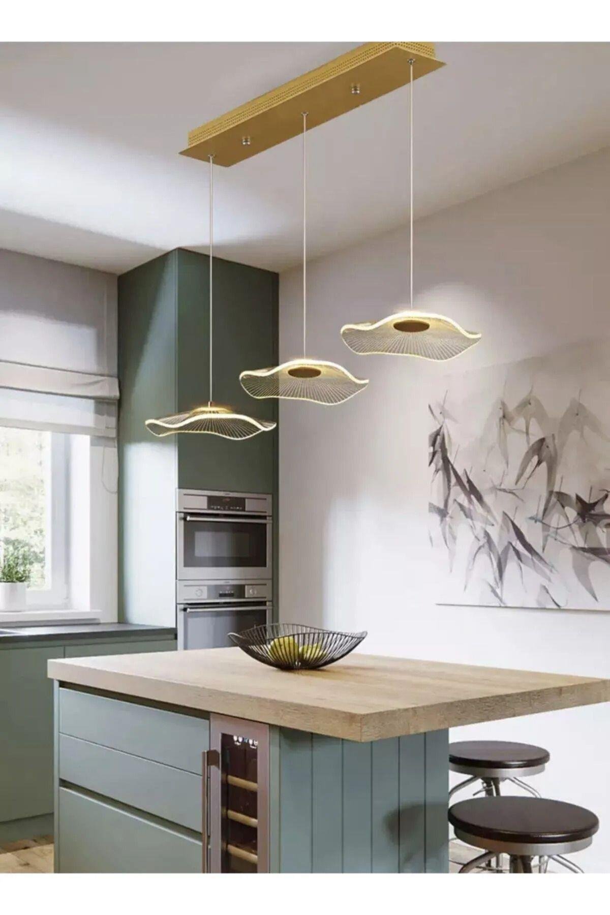 Modern Lotus 3 lü Yemek Masası Sıralı Sarkıt Avize French Gold Sarı Power Led Avize Warm White