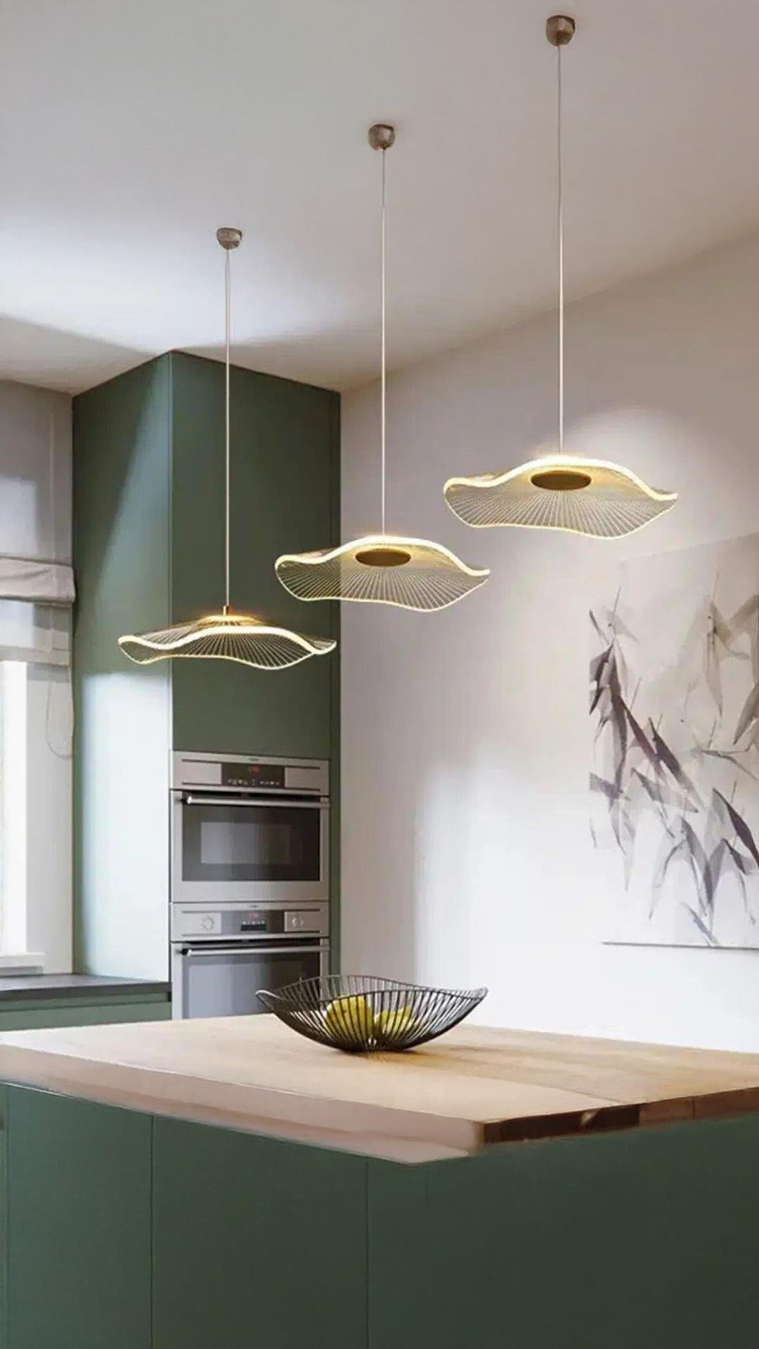 Modern Lotus 3 lü Yemek Masası Sıralı Sarkıt Avize French Gold Sarı Power Led Avize Warm White