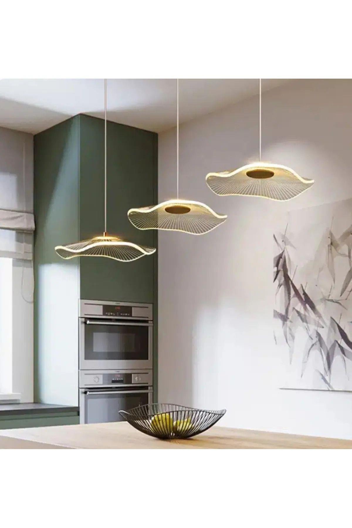 Modern Lotus 3 lü Yemek Masası Sıralı Sarkıt Avize French Gold Sarı Power Led Avize Warm White