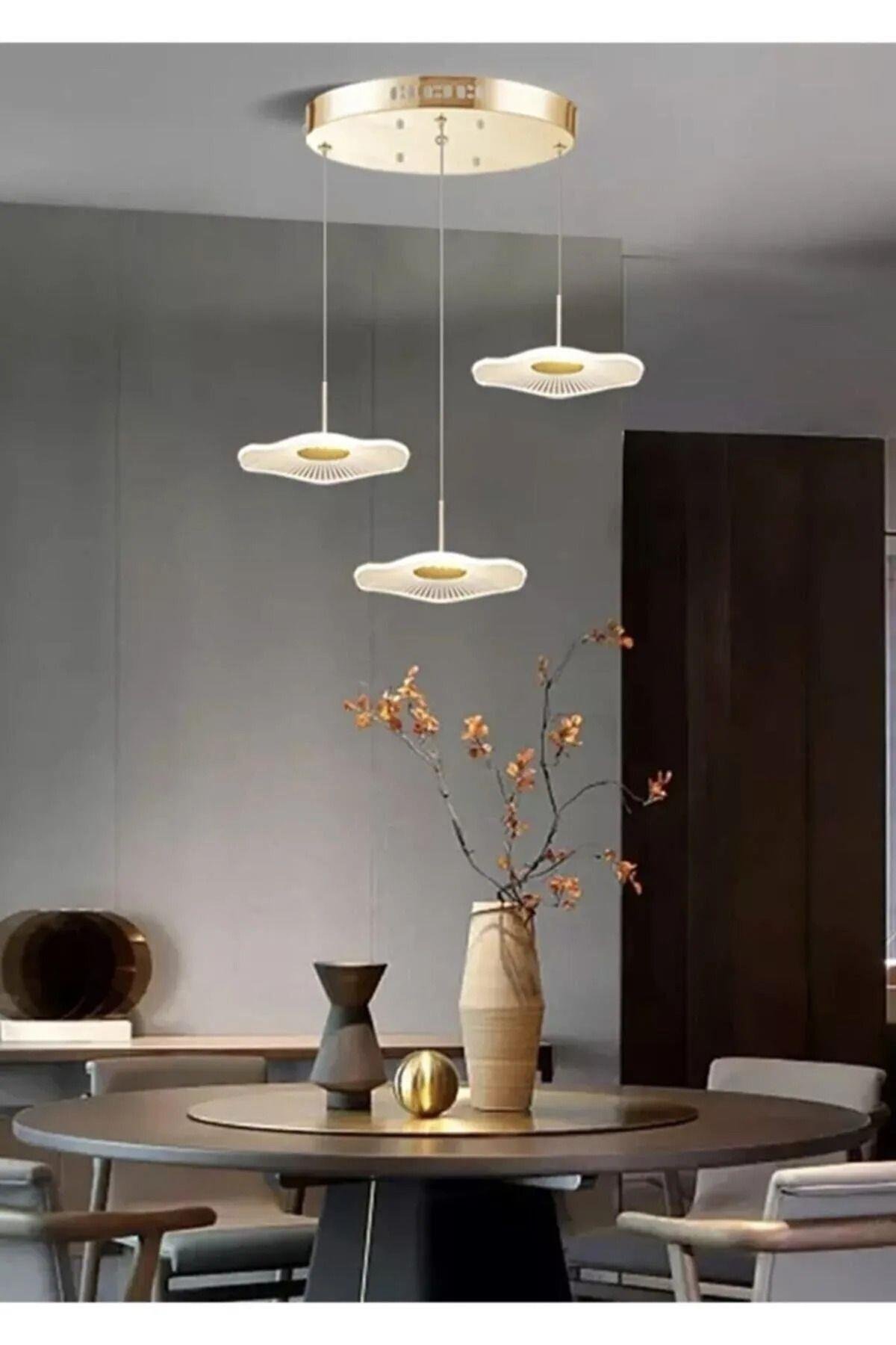 Modern Lotus Sarkıt Avize 3 lü Sarkıt Avize French Gold Sarı Power Led Avize Warm White Gün Işığı