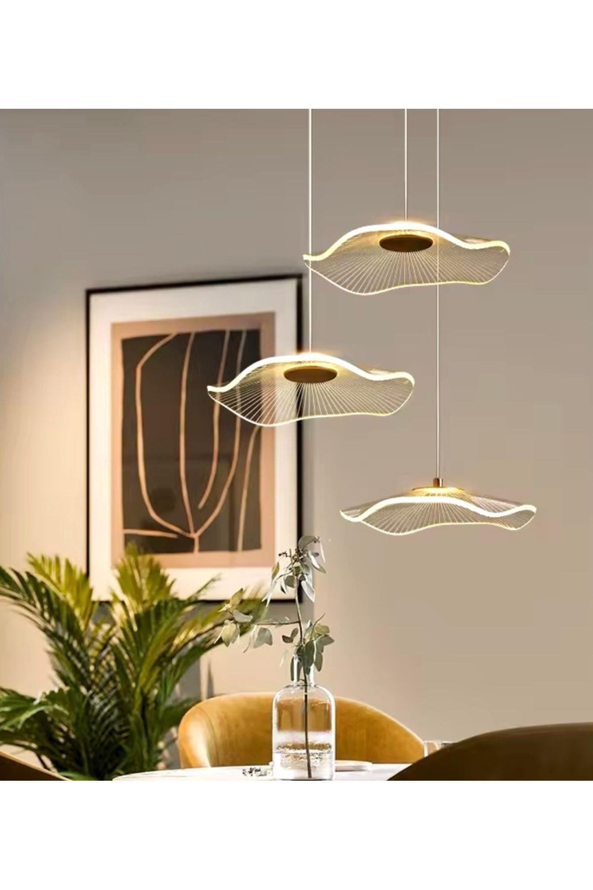 Modern Lotus Sarkıt Avize 3 lü Sarkıt Avize French Gold Sarı Power Led Avize Warm White Gün Işığı