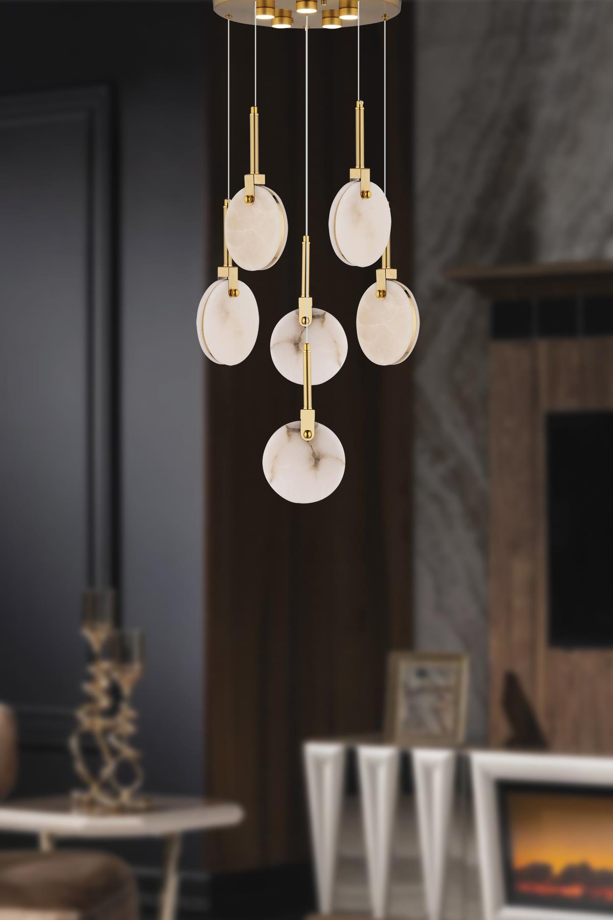 Modern Lüks Tasarım Marble Lighting Sarkıt Dörtlü Mermer Avize Eskitme Gold