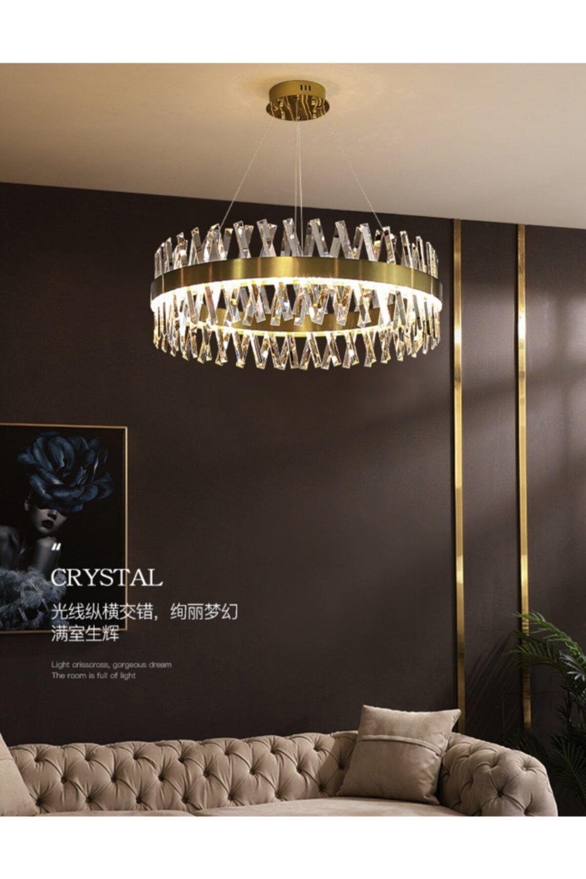 Modern Luxury Kristal Avize Kristal Taşlı Power Led Avize Bronz 50'lik