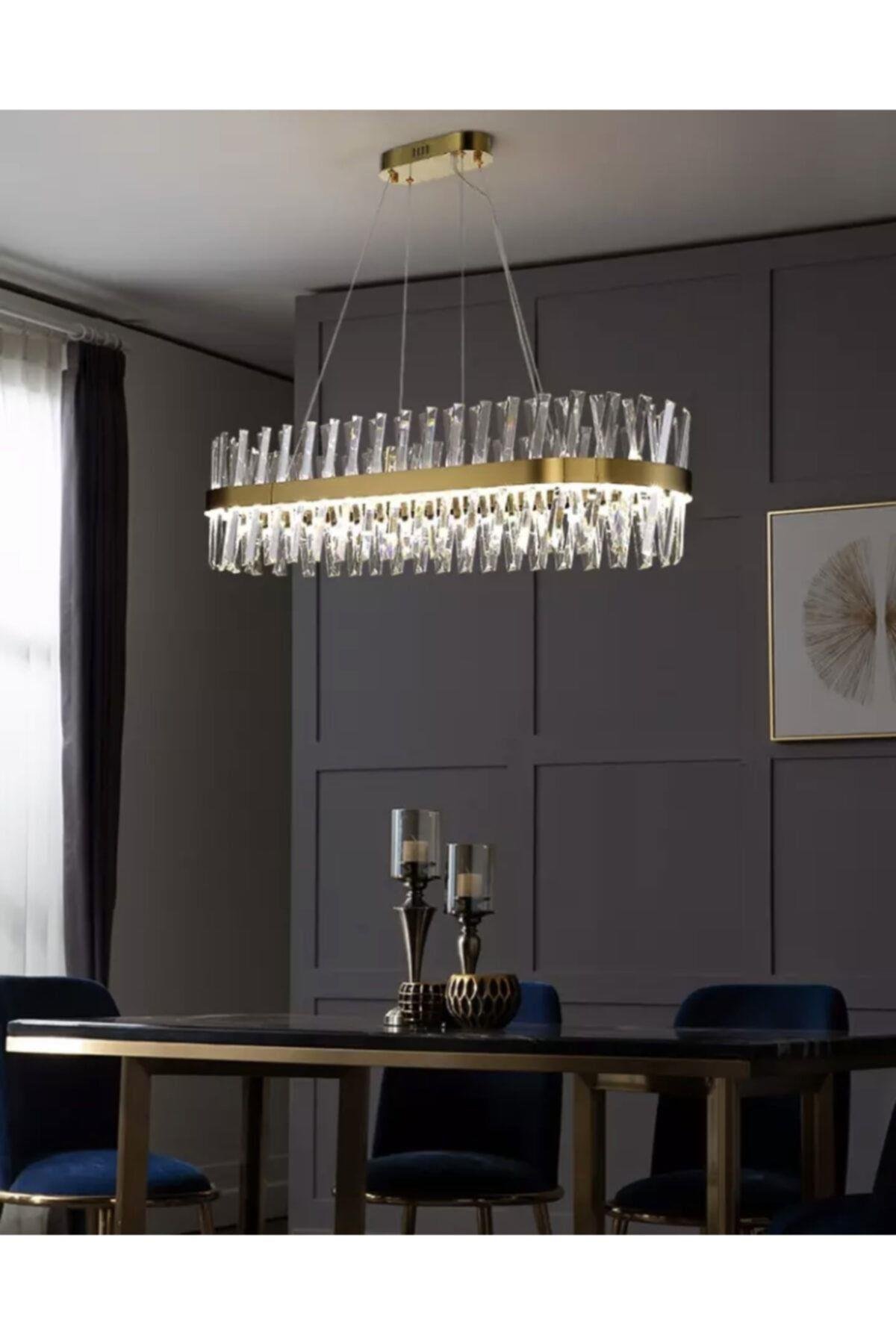 Modern Luxury Kristal Avize Kristal Taşlı Power Led Avize Bronz Yemek Masası