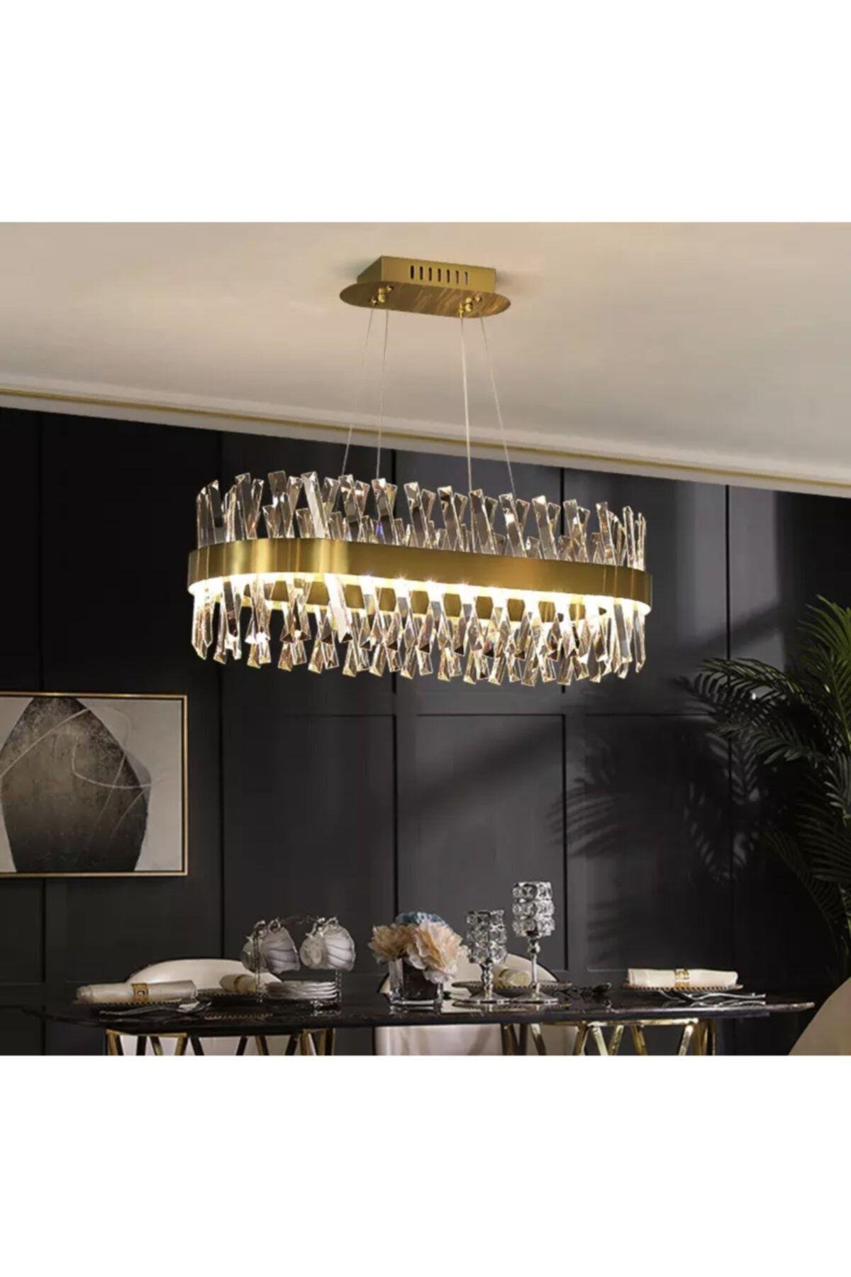 Modern Luxury Kristal Avize Kristal Taşlı Power Led Avize Bronz Yemek Masası