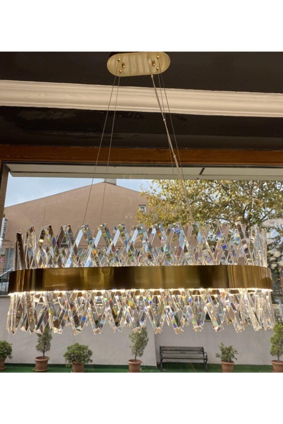 Modern Luxury Kristal Avize Kristal Taşlı Power Led Avize Bronz Yemek Masası