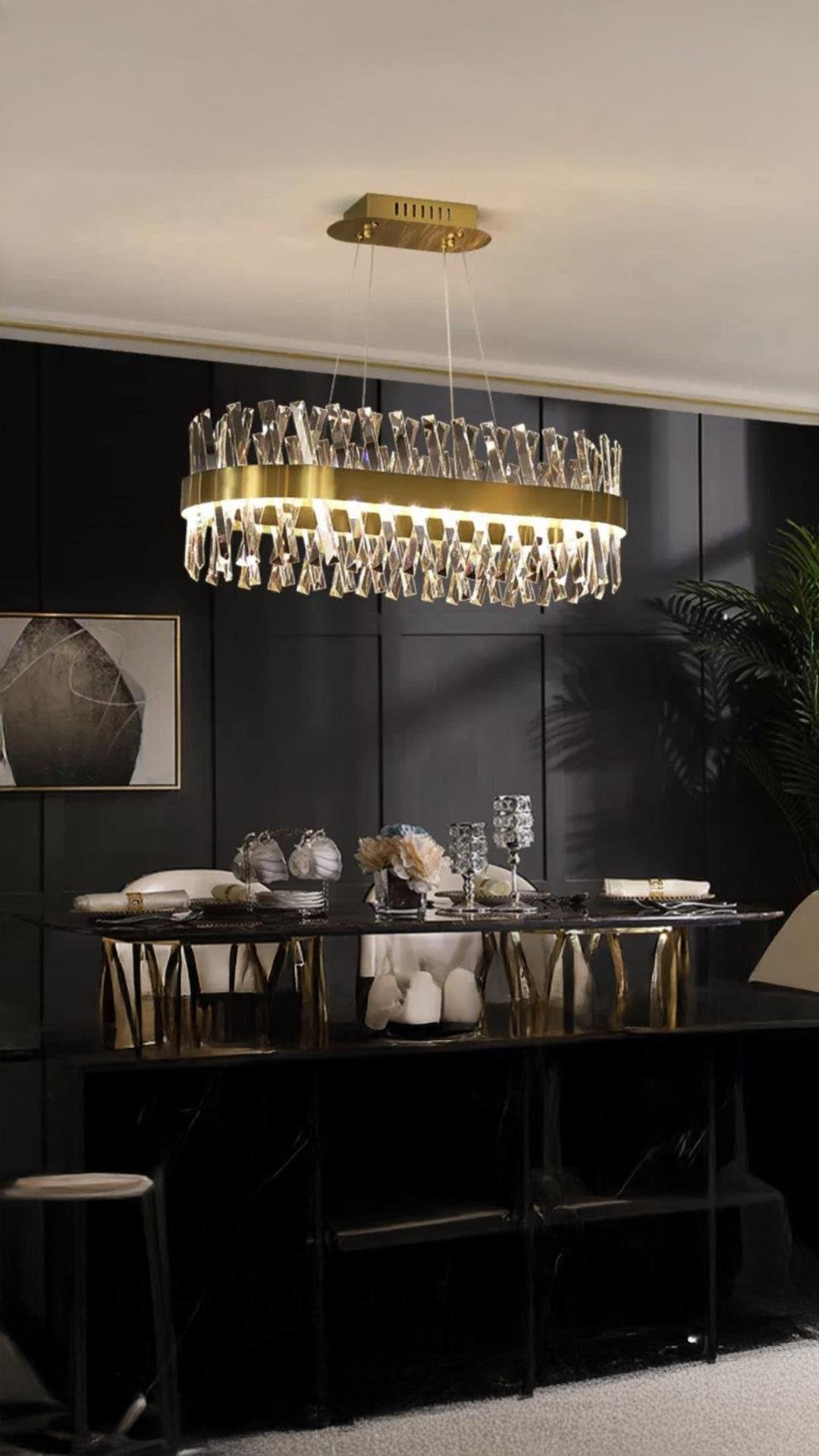 Modern Luxury Kristal Avize Kristal Taşlı Power Led Avize Bronz Yemek Masası