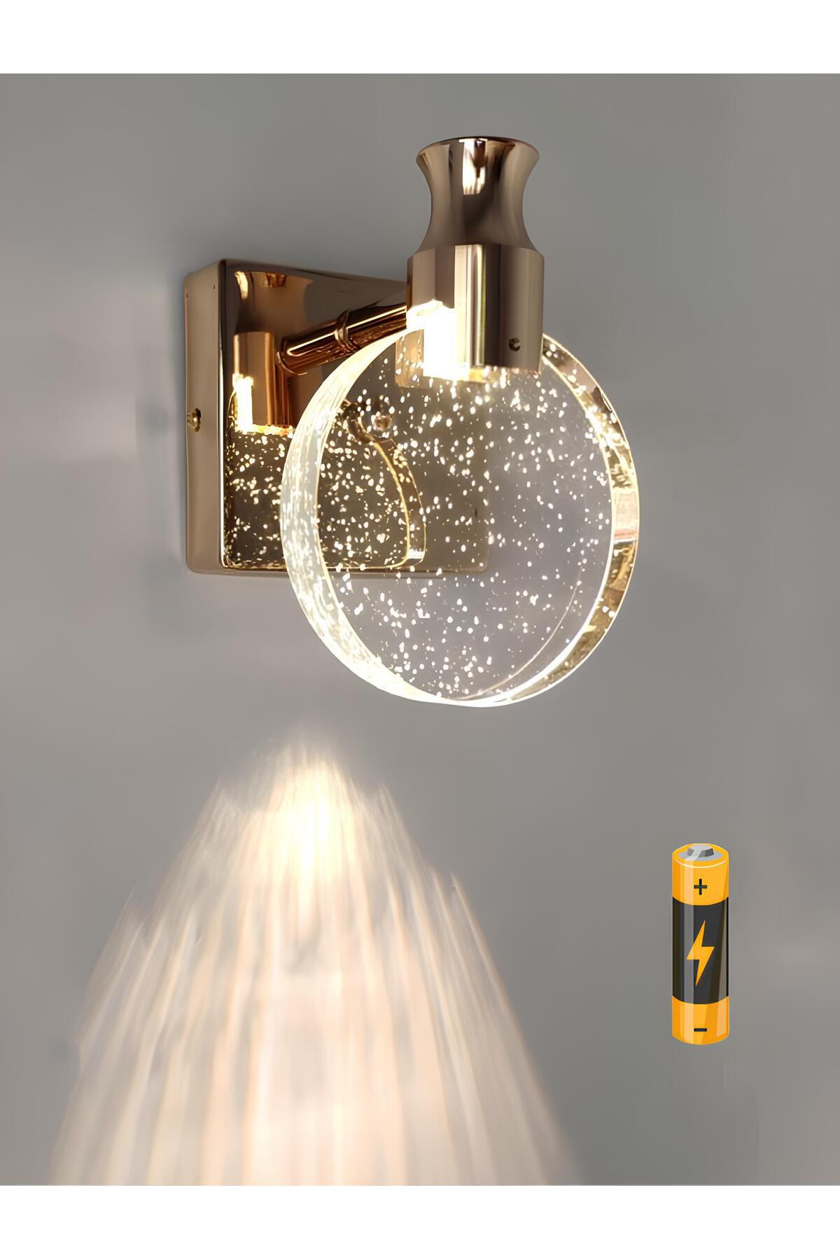 Modern Luxury Kristal Taşlı Pilli Aplik Aç Kapa Buton French Gold Sarı Gün Işığı Ledli Aplik