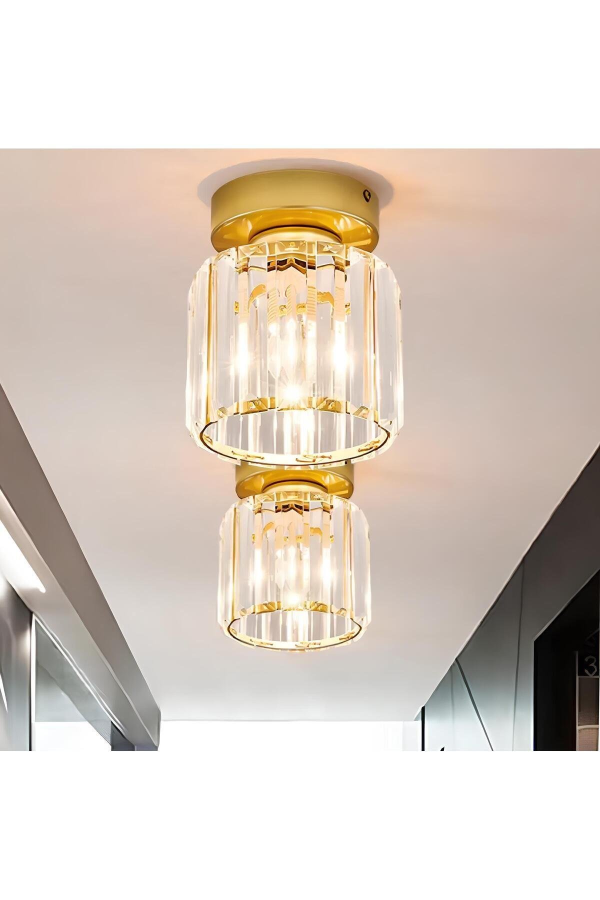 Modern Luxury Plafonyer Kristal Taşlı Avize Gold Sarı Hol Antre Avize
