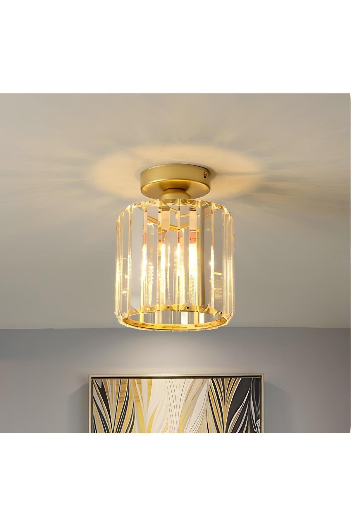 Modern Luxury Plafonyer Kristal Taşlı Avize Gold Sarı Hol Antre Avize