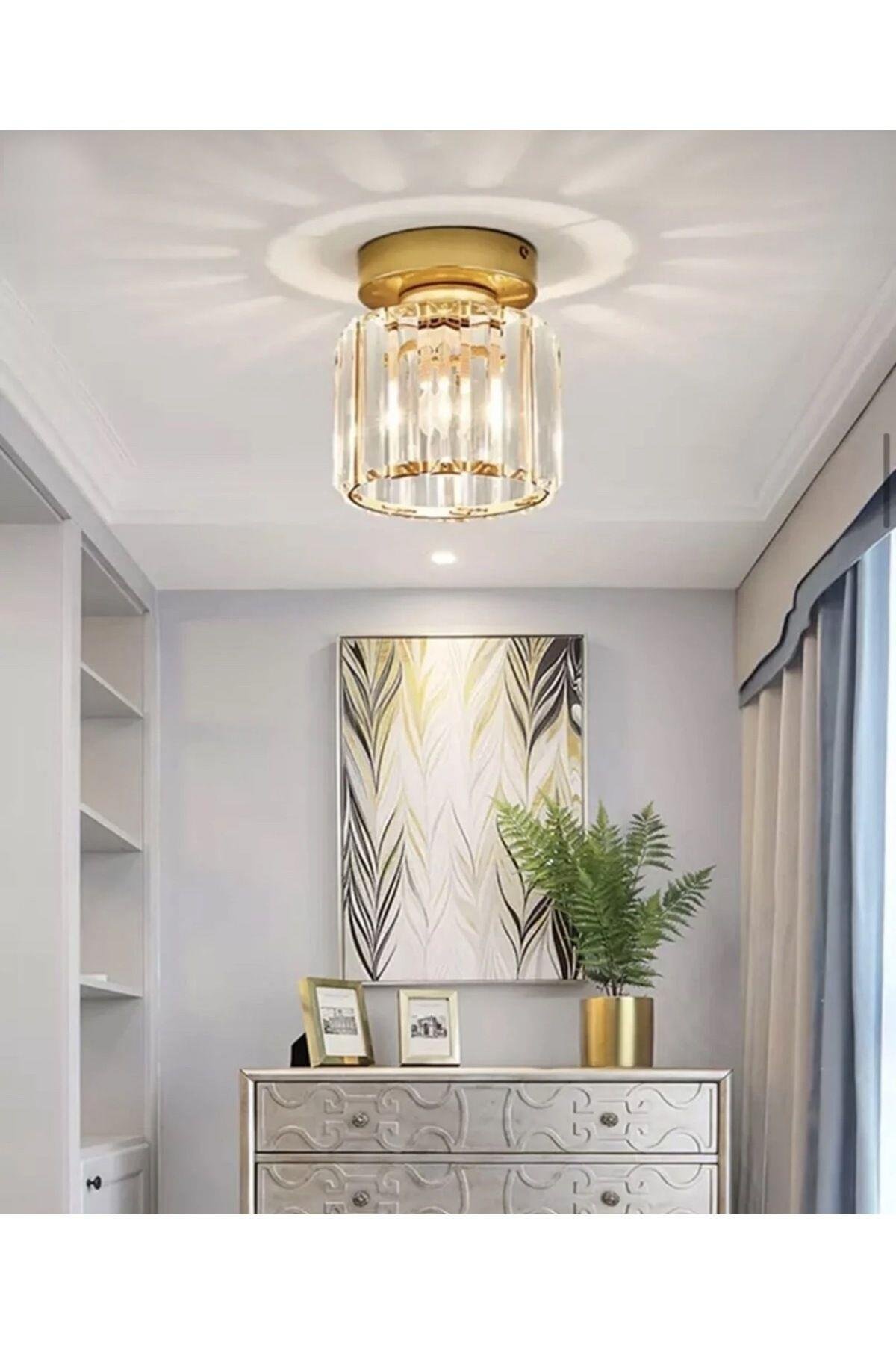 Modern Luxury Plafonyer Kristal Taşlı Avize Gold Sarı Hol Antre Avize