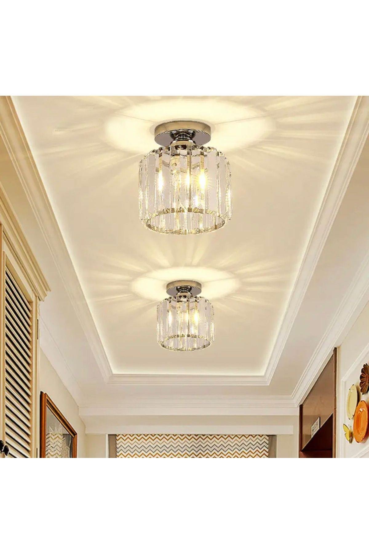 Modern Luxury Plafonyer Tavan Kristal Taşlı Avize Krom Hol Antre Avize Büyük Boy