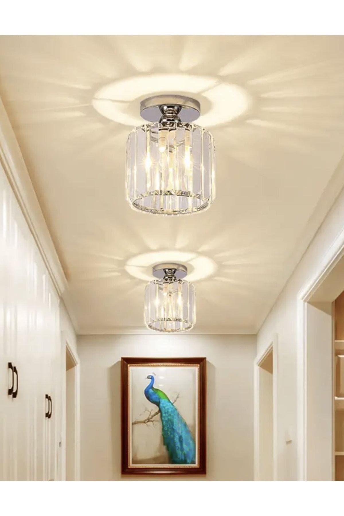 Modern Luxury Plafonyer Tavan Kristal Taşlı Avize Krom Hol Antre Avize Büyük Boy