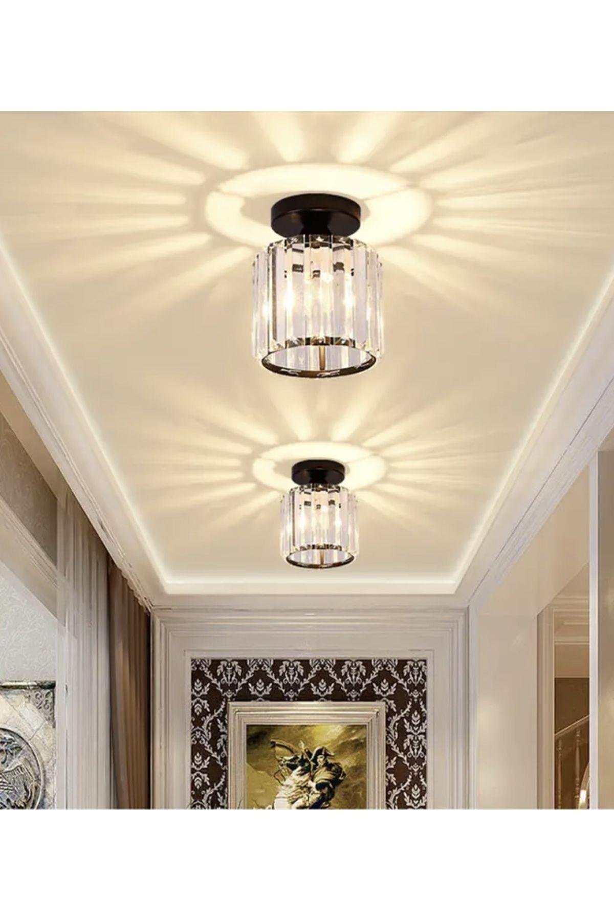 Modern Luxury Plafonyer Tavan Kristal Taşlı Avize Hol Antre Avize Siyah