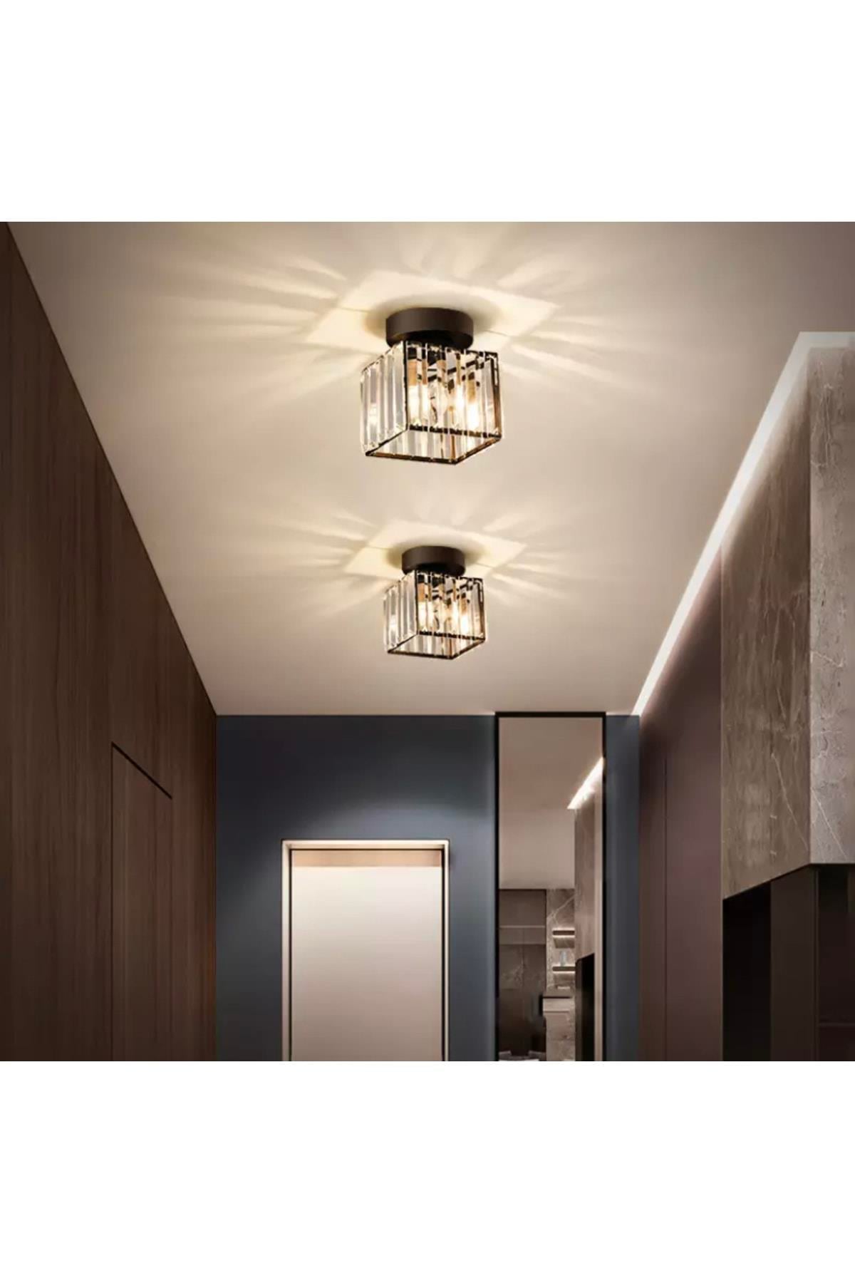 Modern Luxury Plafonyer Tavan Kristal Taşlı Avize Kare Hol Antre Avize Siyah