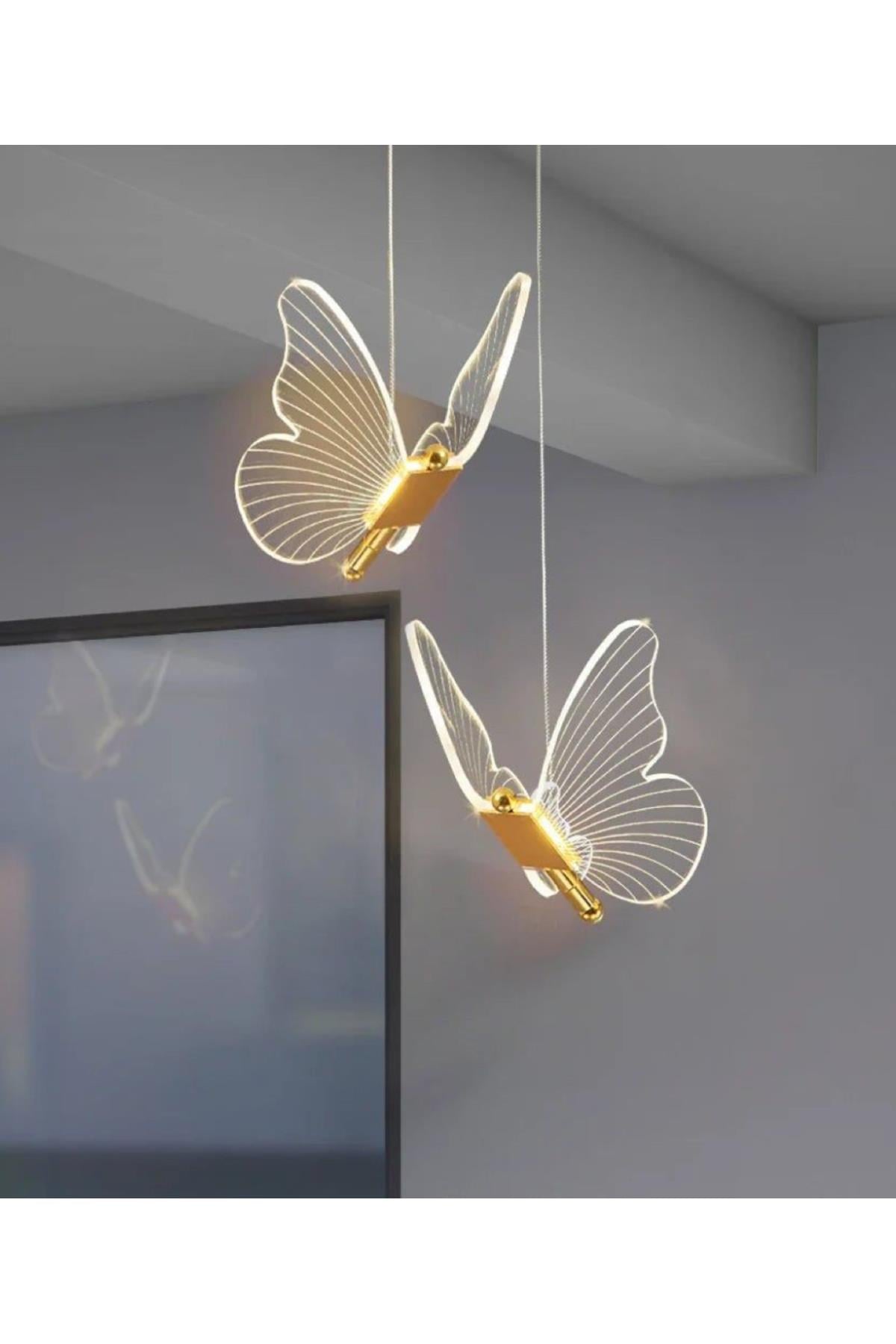 Modern Luxury Tasarım Butterfly Kelebek Sarkıt Avize İkili Gold Sarı Gün Işığı