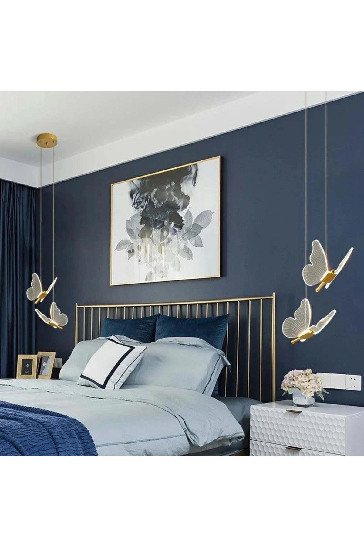 Modern Luxury Tasarım Butterfly Kelebek Sarkıt Avize İkili Gold Sarı Gün Işığı