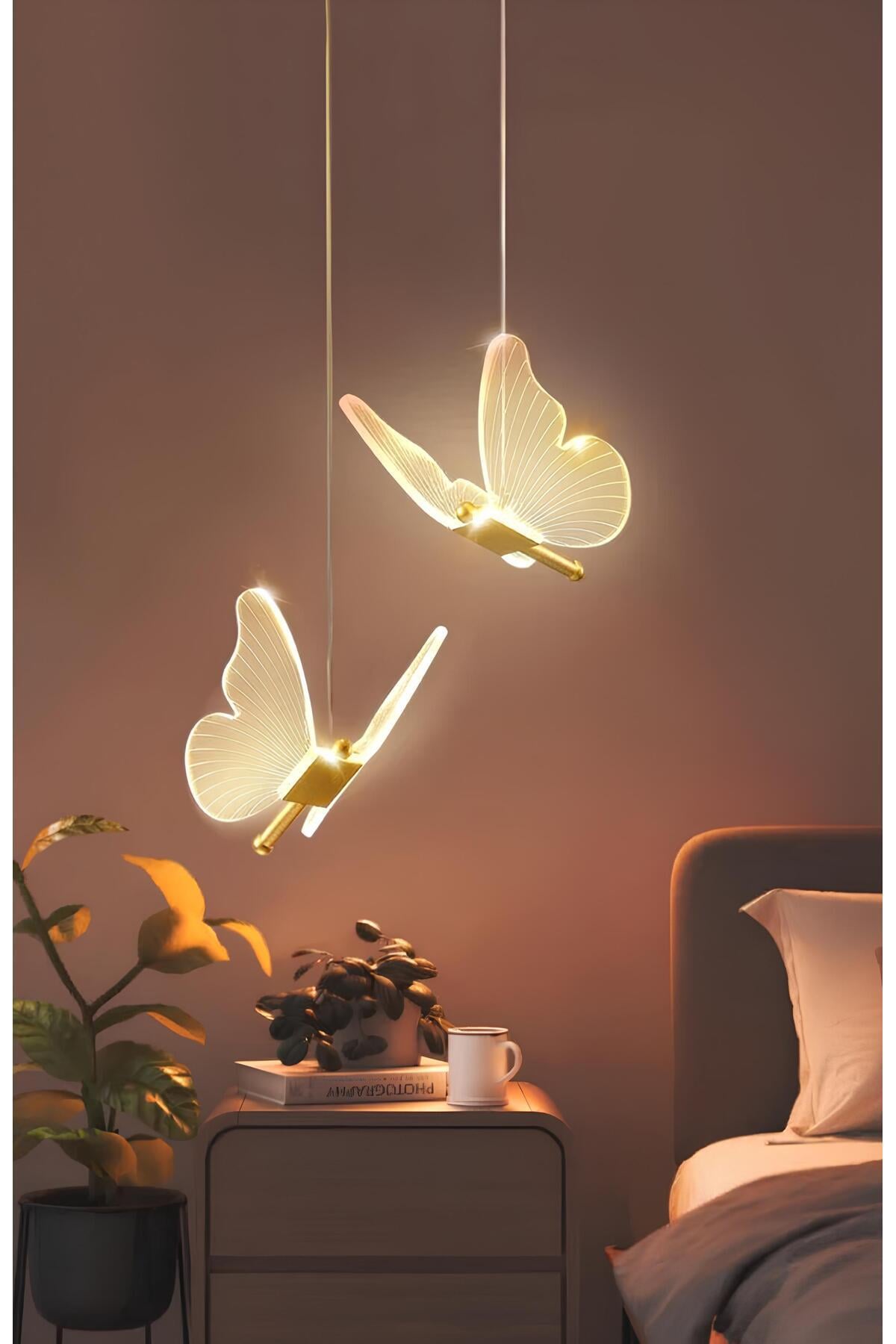 Modern Luxury Tasarım Butterfly Kelebek Sarkıt Avize İkili Gold Sarı Gün Işığı
