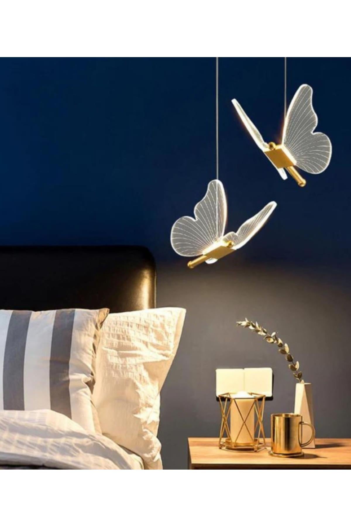 Modern Luxury Tasarım Butterfly Kelebek Sarkıt Avize İkili Gold Sarı Gün Işığı