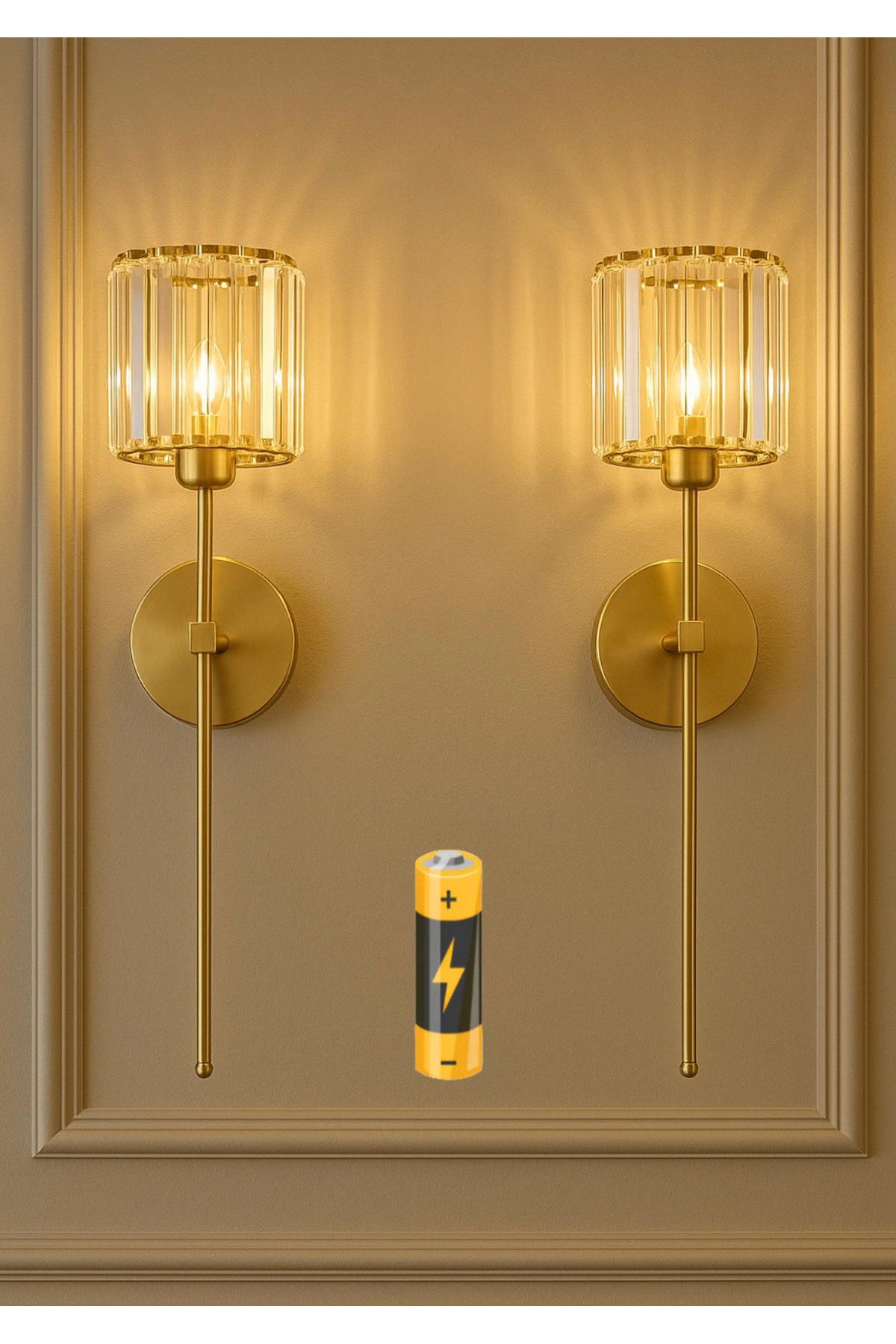 Modern Pilli Aplik Kristal Taşlı Şık Kablosuz Aç Kapa Butonlu Aplik Eskitme Gold Sarı