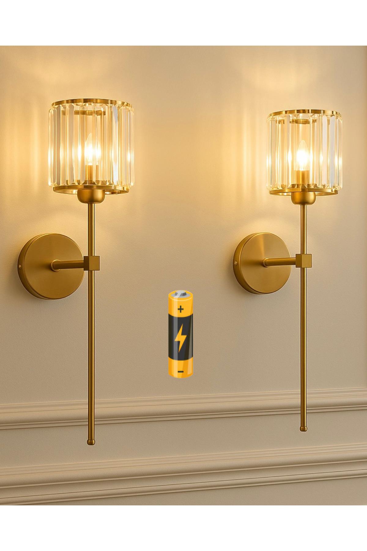 Modern Pilli Aplik Kristal Taşlı Şık Kablosuz Aç Kapa Butonlu Aplik Eskitme Gold Sarı