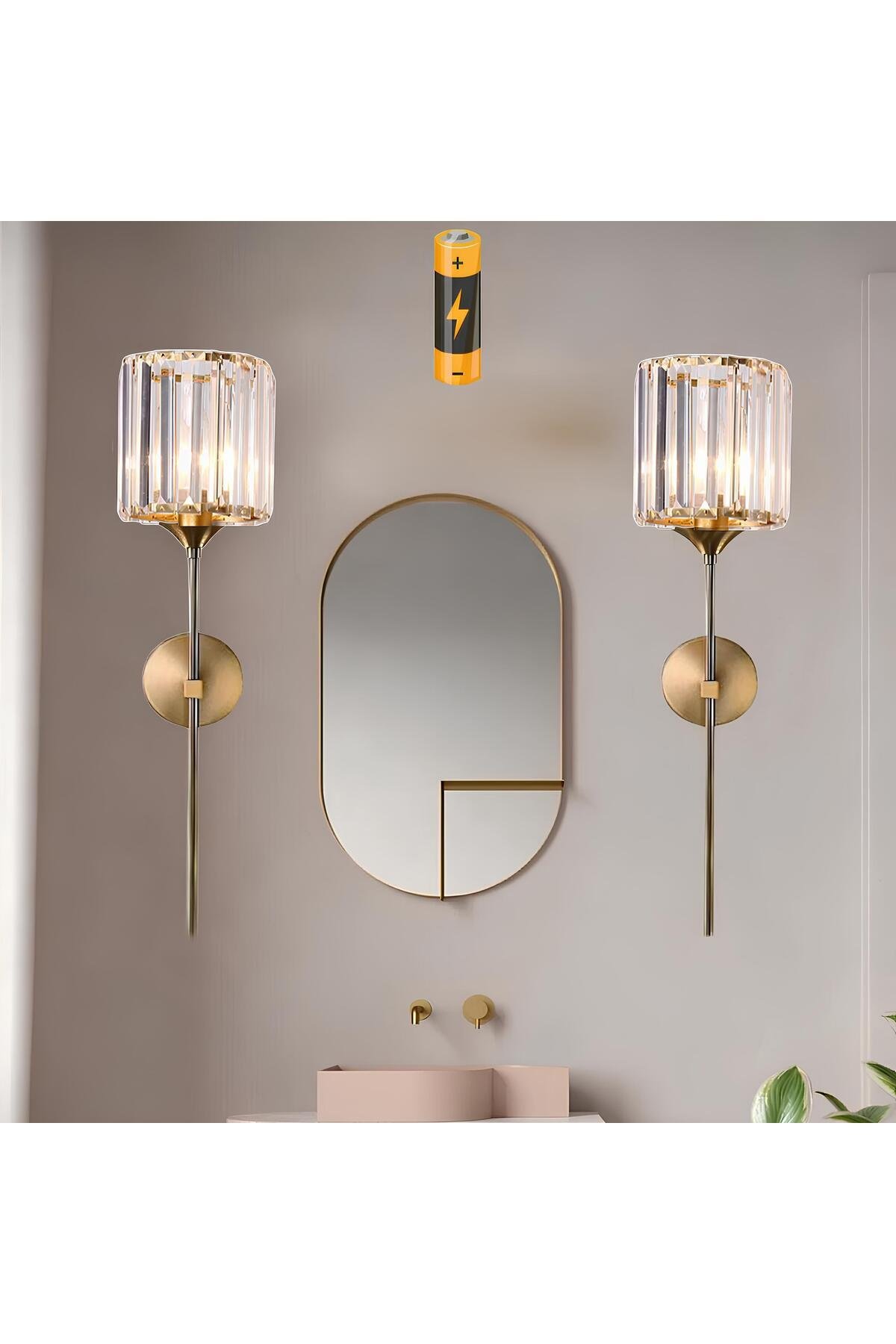 Modern Pilli Aplik Kristal Taşlı Şık Kablosuz Aç Kapa Butonlu Aplik Eskitme Gold Sarı