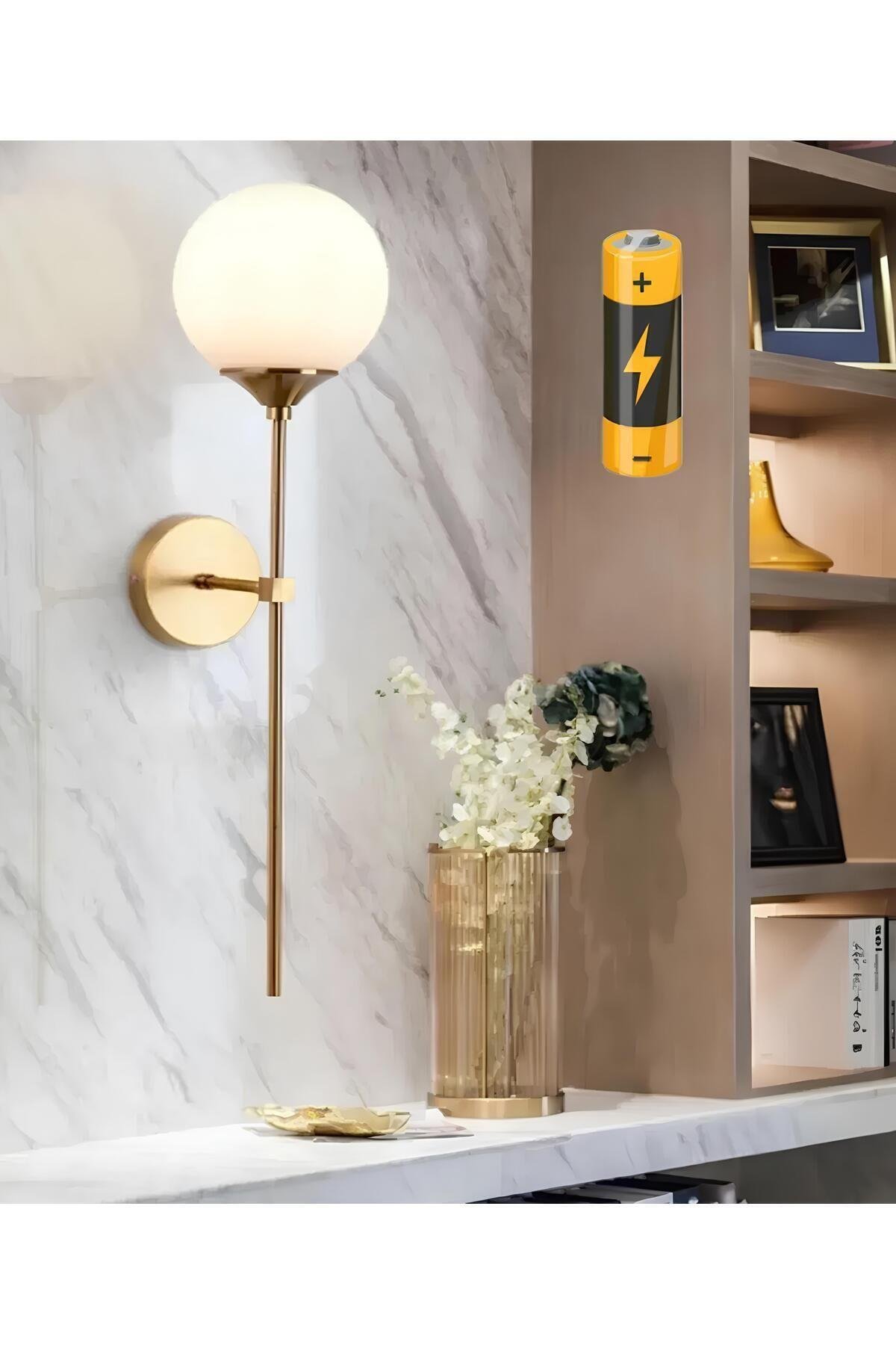 Modern Pilli Duvar Aplik Eskitme Gold Sarı Beyaz Glop Camlı Pilli Aplik