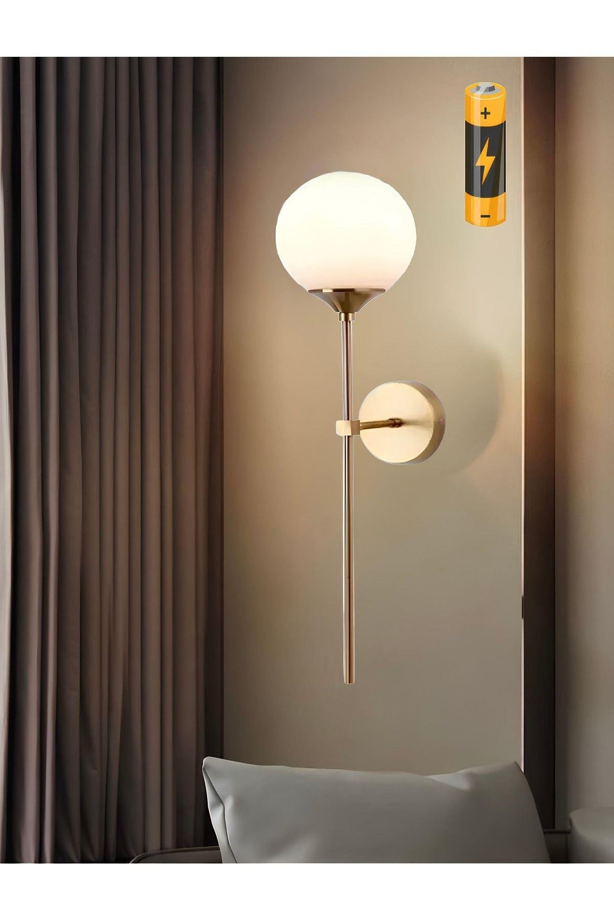 Modern Pilli Duvar Aplik Eskitme Gold Sarı Beyaz Glop Camlı Pilli Aplik