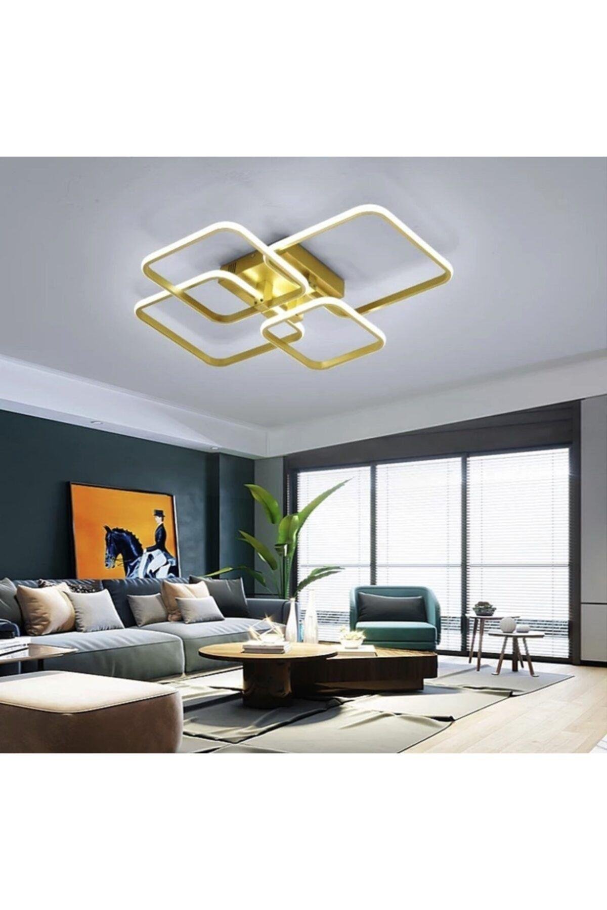 Modern Plafonyer Led Avize Gold Sarı Kare Gün Işığı