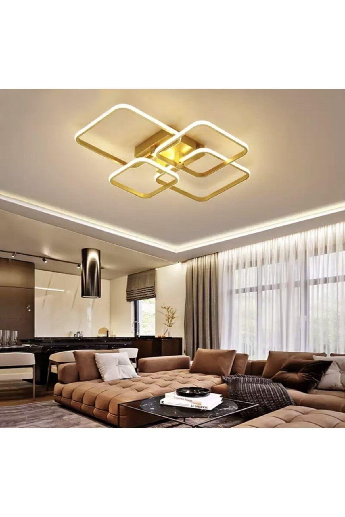 Modern Plafonyer Led Avize Gold Sarı Kare Gün Işığı