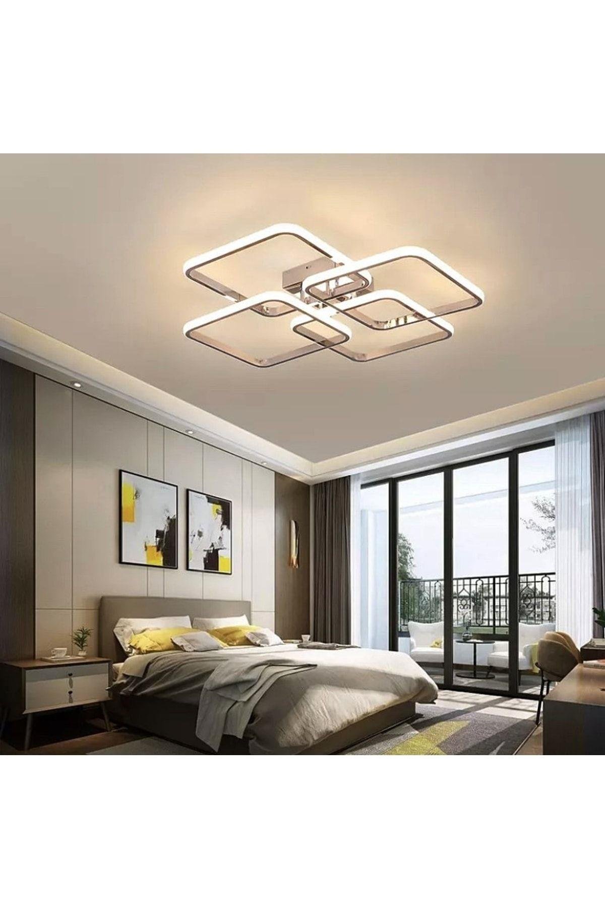 Modern Plafonyer Led Avize Krom Kare Kumandalı 3 Renk Dimmerli