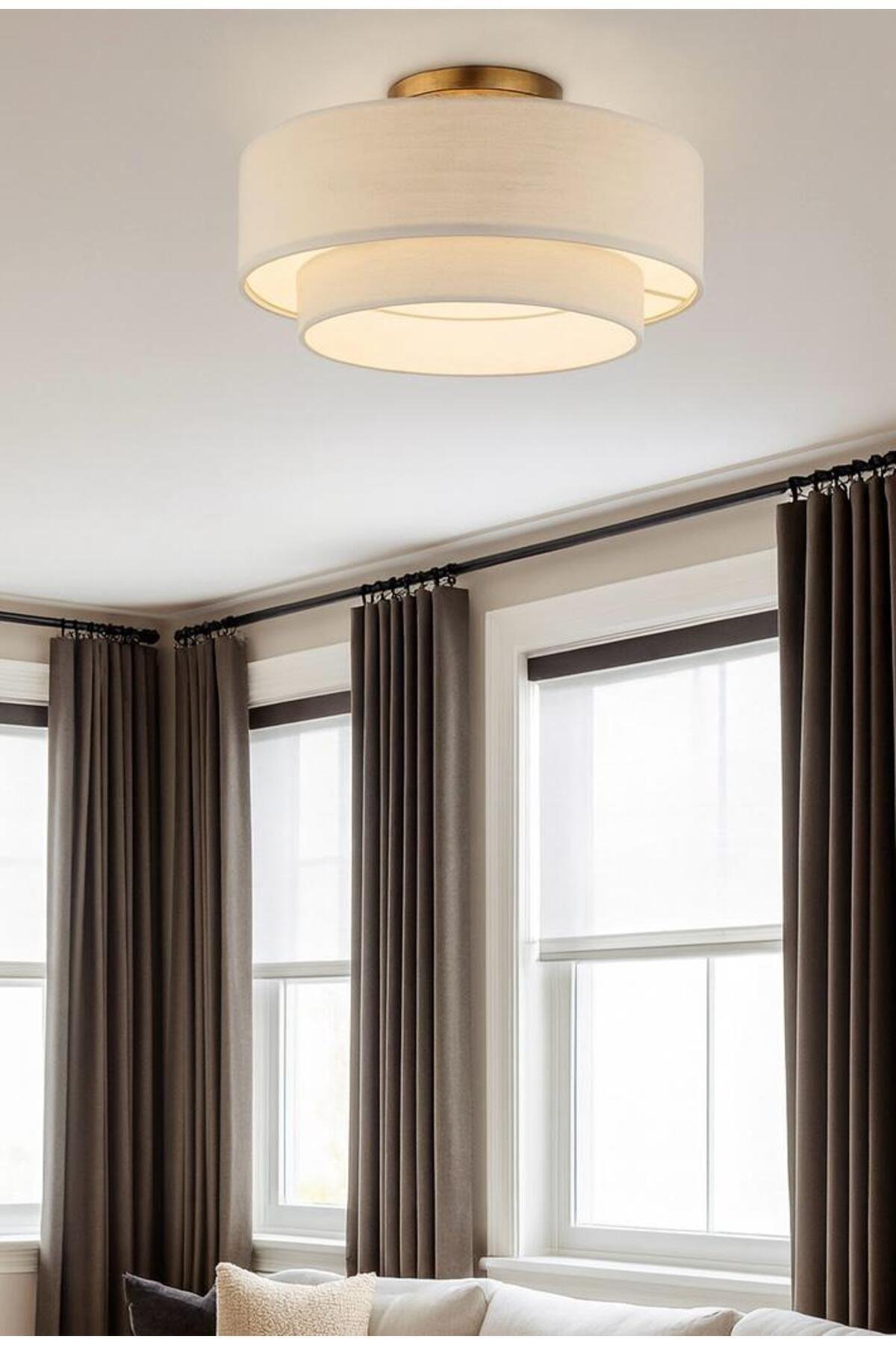 Modern Sarkıt Avize Plafonyer Avize Çift Katlı Alp Beyazı Kumaşlı Sarkıt Avize