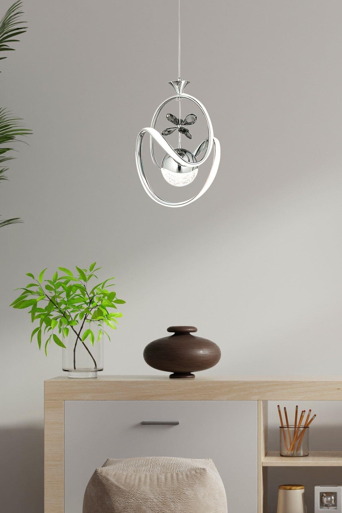 Modern Sarkıt Led Avize Kelebek Taşlı Krom Kademel 3 Renk Işıklı