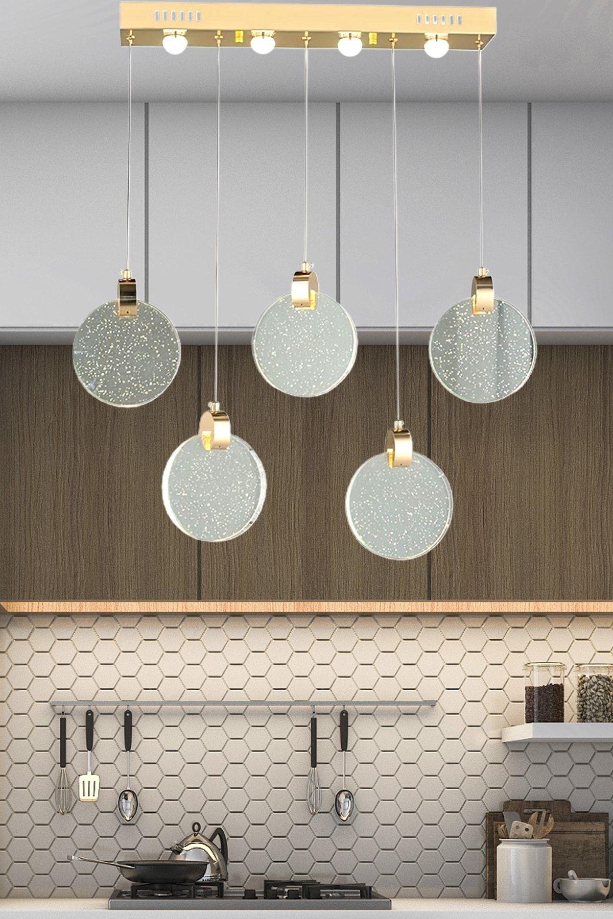 Modern Sarkıt Power Led Avize Beşli Sıralı Camlı Gold Sarı
