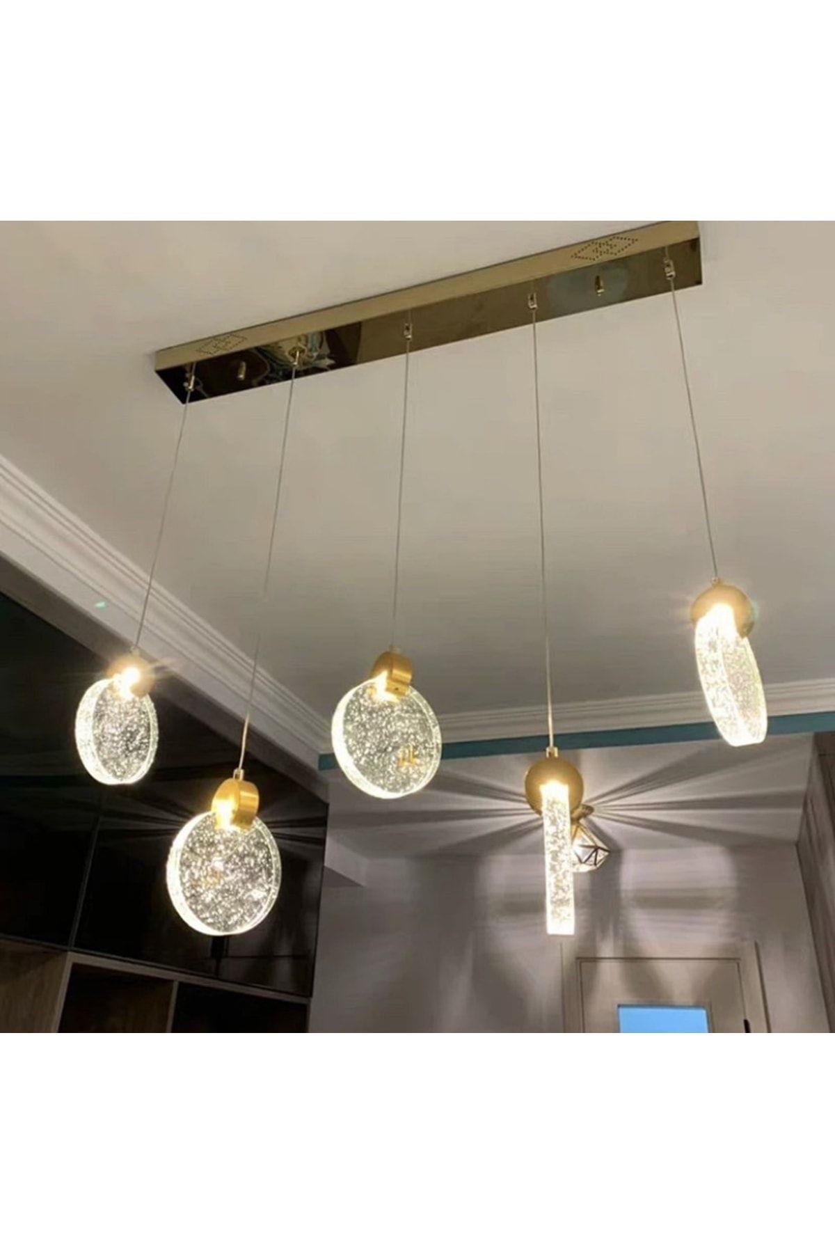 Modern Sarkıt Power Led Avize Beşli Sıralı Camlı Gold Sarı