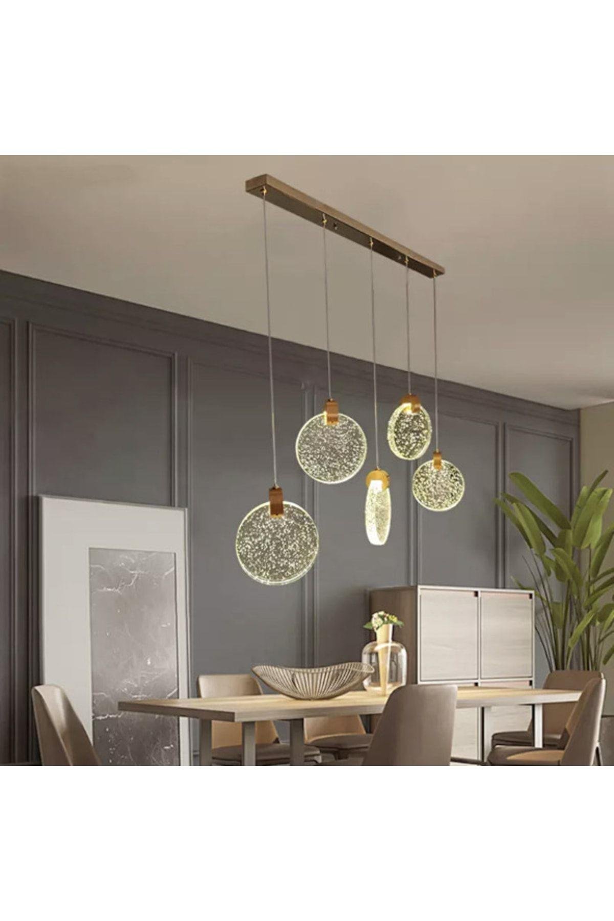 Modern Sarkıt Power Led Avize Beşli Sıralı Camlı Gold Sarı