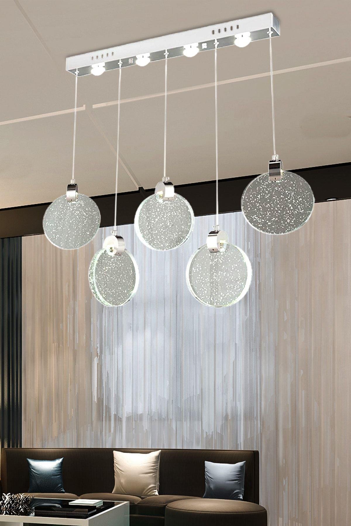 Modern Sarkıt Power Led Avize Camlı Beşli Sıralı Krom