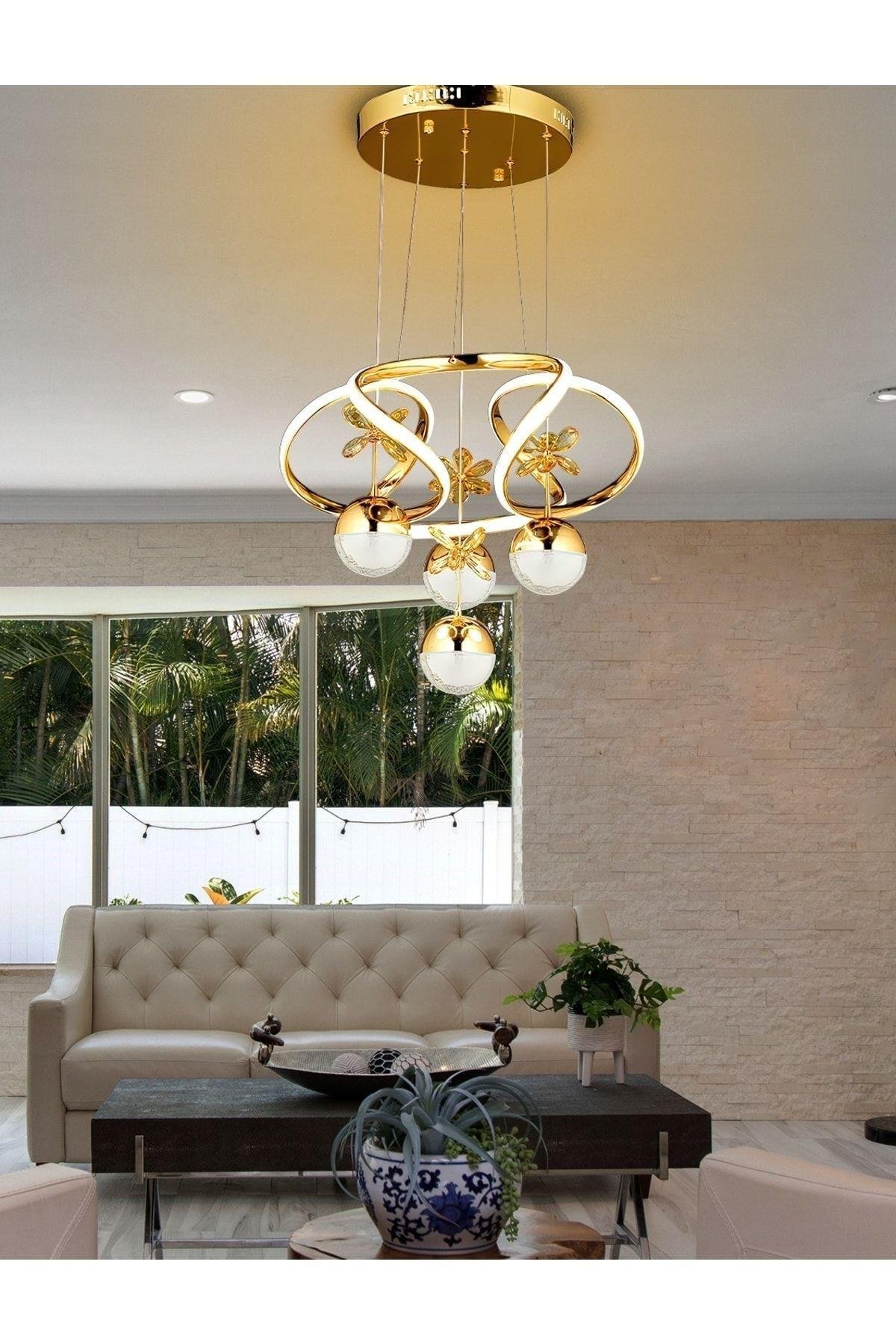 Modern Sarkıt Power Led Avize Salon Mutfak Oturma Odası Avize Kristal Taşlı Kelebek Gold Sarı